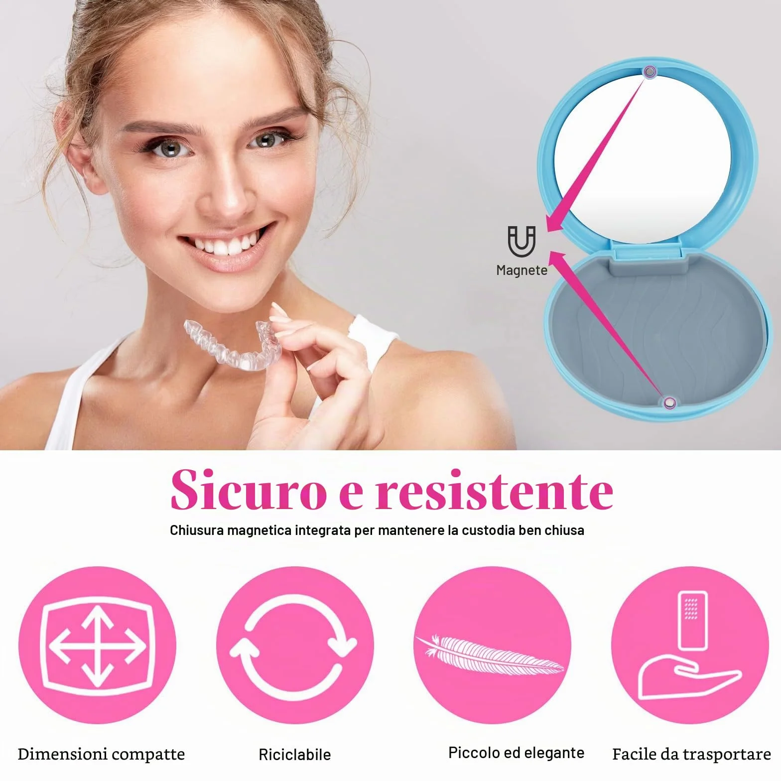 Scatola per apparecchi dentali con strumento rimozione allineatori e masticatore invisibile Rosa+Blu 2 Pezzi