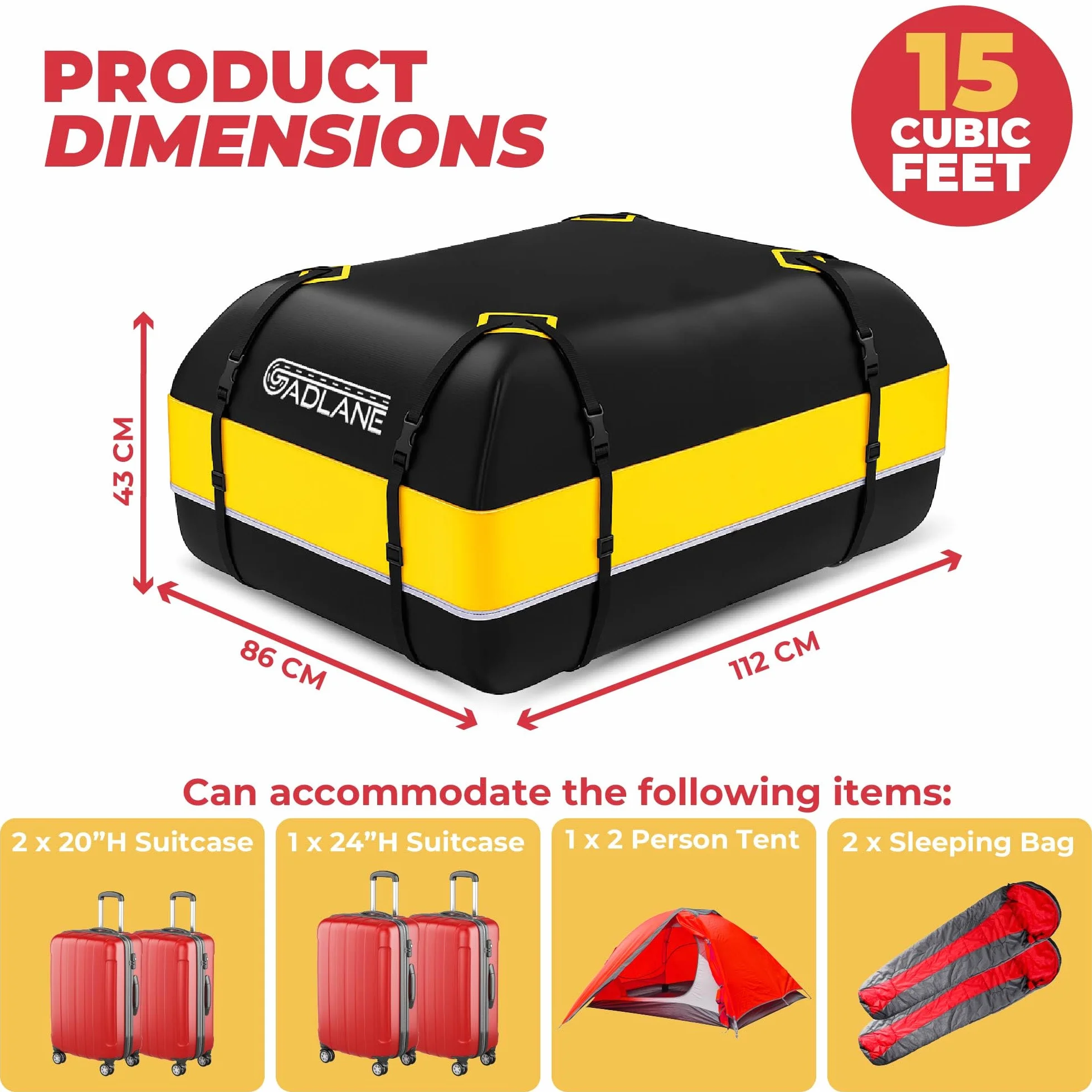GADLANE Borsa da Tetto per Auto - 425L Box da Tetto Impermeabile per Auto con/senza Portapacchi, con Tappetino Antiscivolo, 4 Cinghie Robuste, Lucchetto a Combinazione, Borsa Portaoggetti (Gialla)