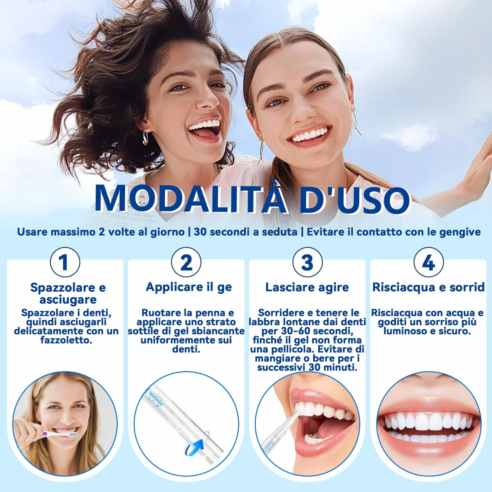 Gel sbiancante per denti 4 pezzi smacchiatore azione rapida 8 ml