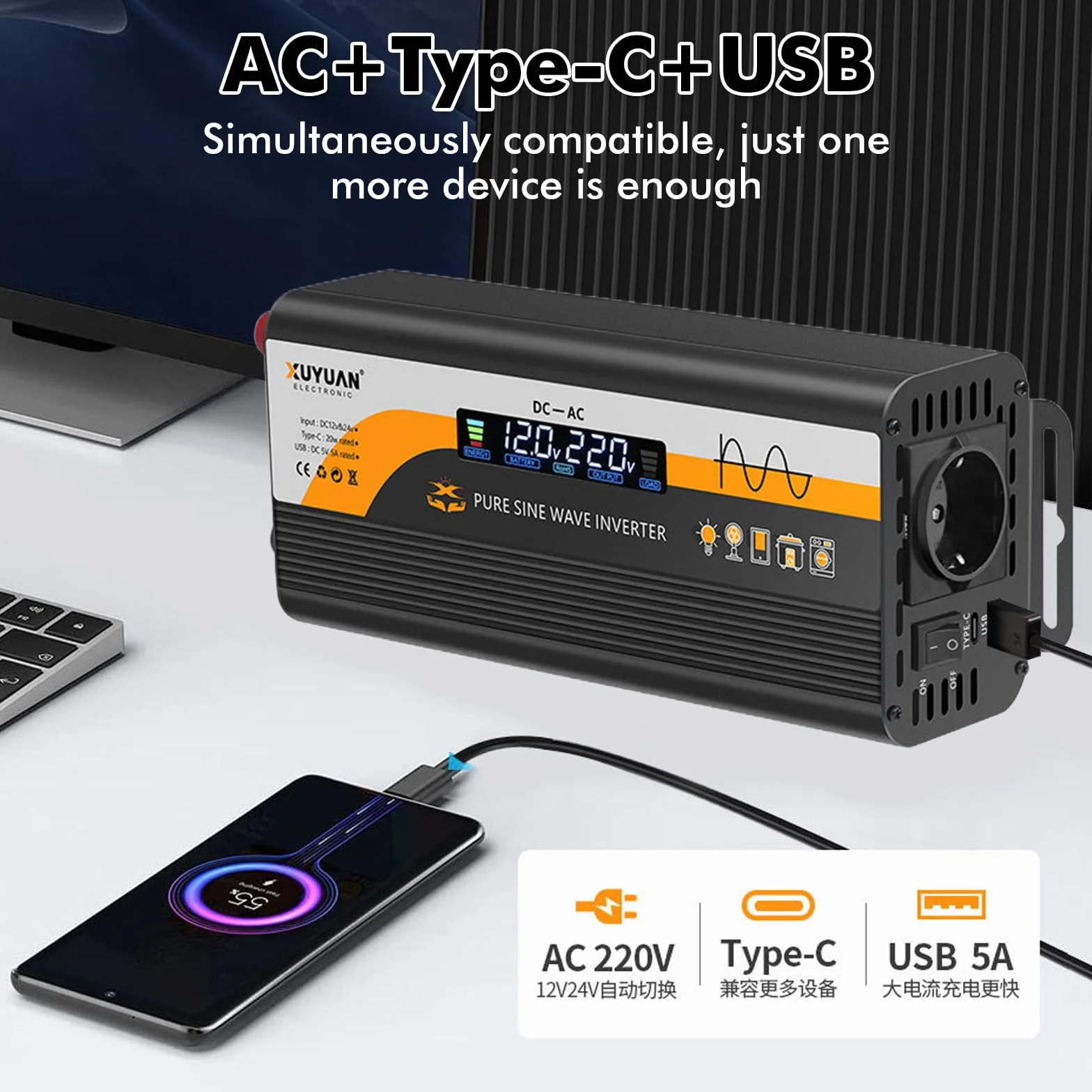 Convertitore di tensione 800W 12V/24V a 220V con presa europea e porta USB LCD
