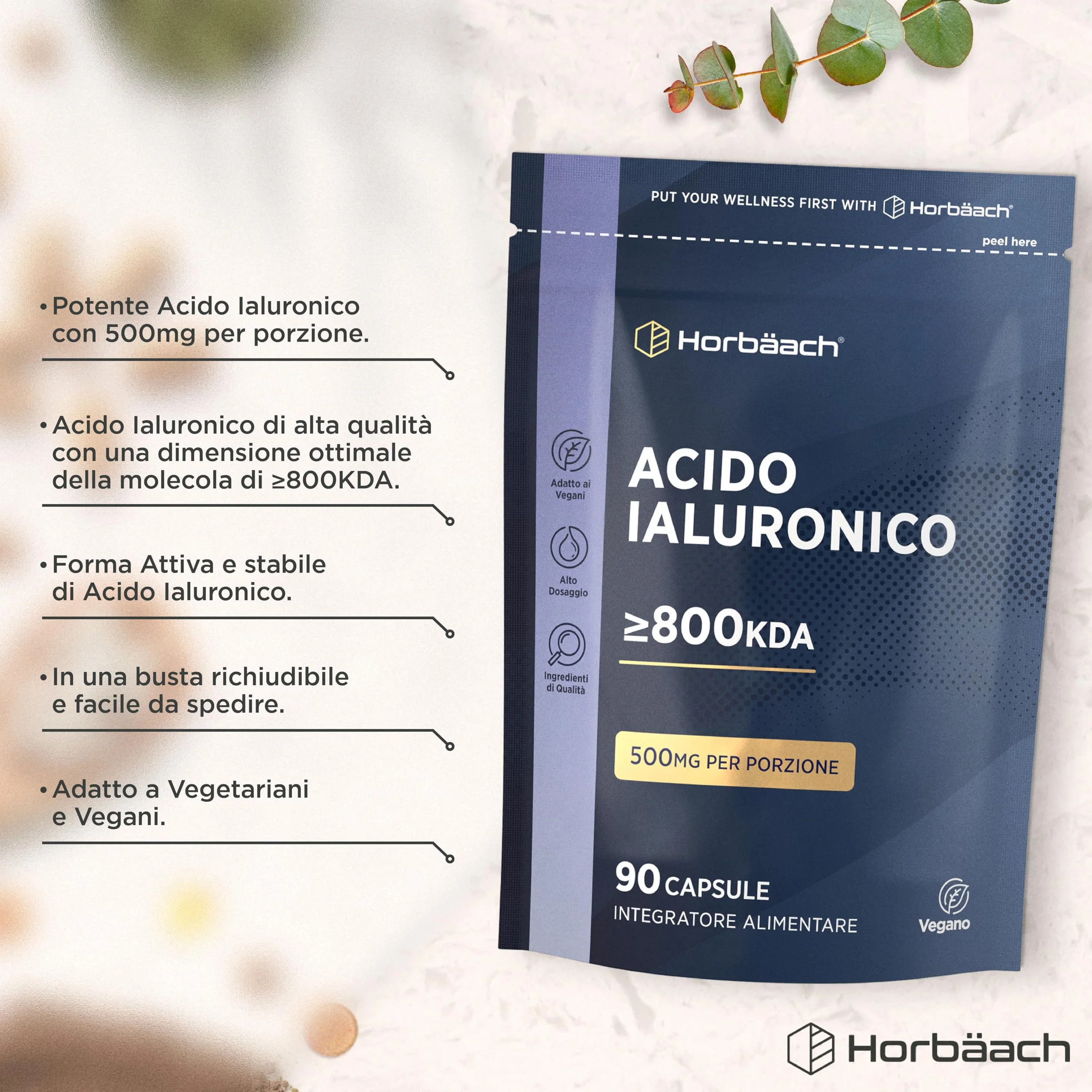 Horbaach Acido Ialuronico Compresse 500mg 90 Capsule Vegane Alto Dosaggio