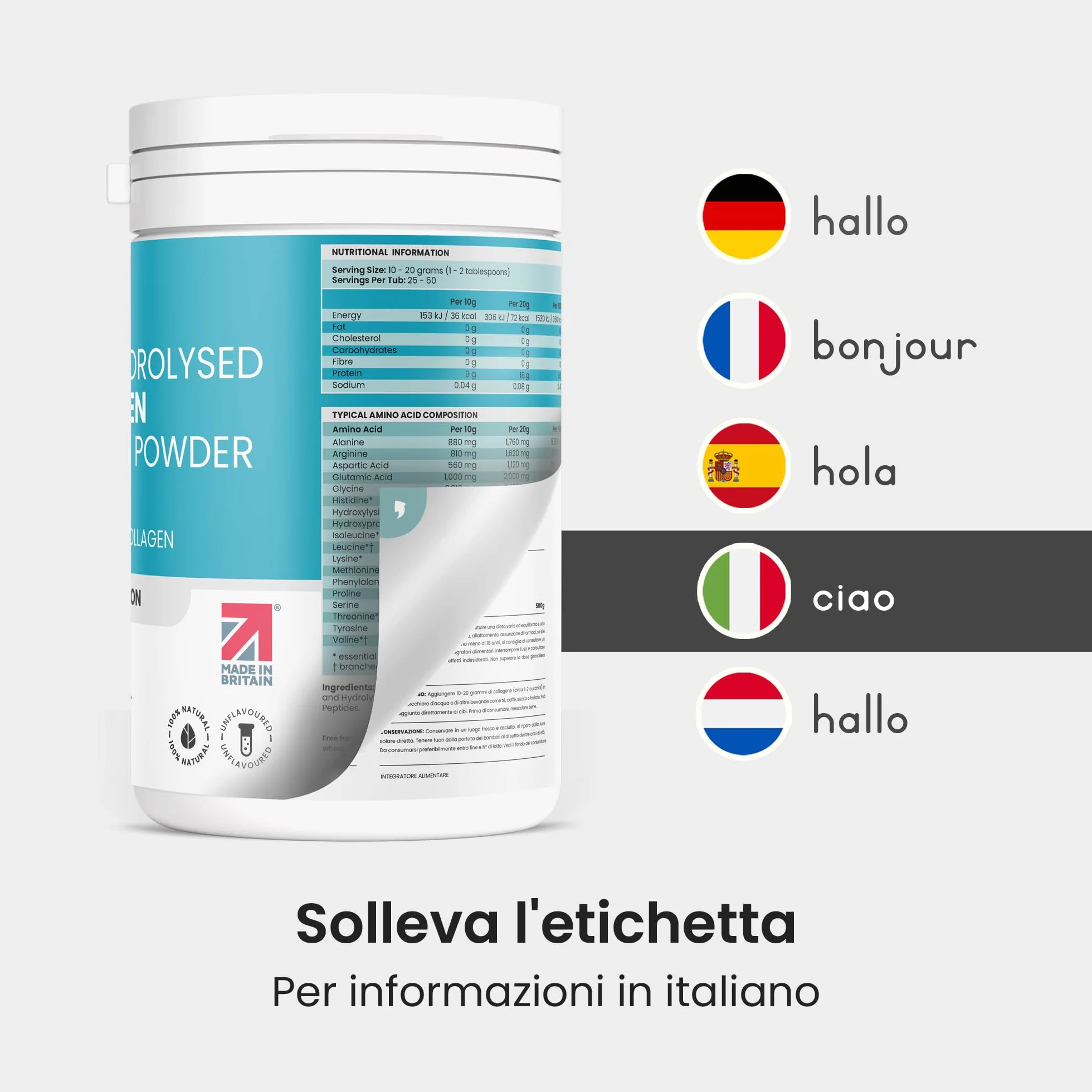 VitaBright Collagen in Polvere 500g Peptidi di Collagene Idrolizzato Bovino Tipo 1 e 3 Grass Fed Puro