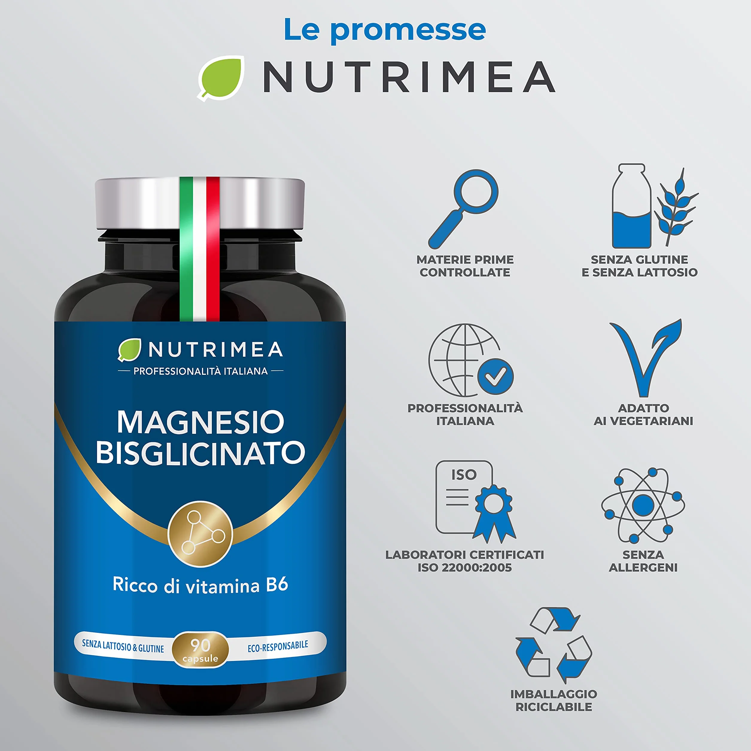 Magnesio Bisglicinato Chelato con Vitamina B6 90 Capsule Vegetali Nutrimea