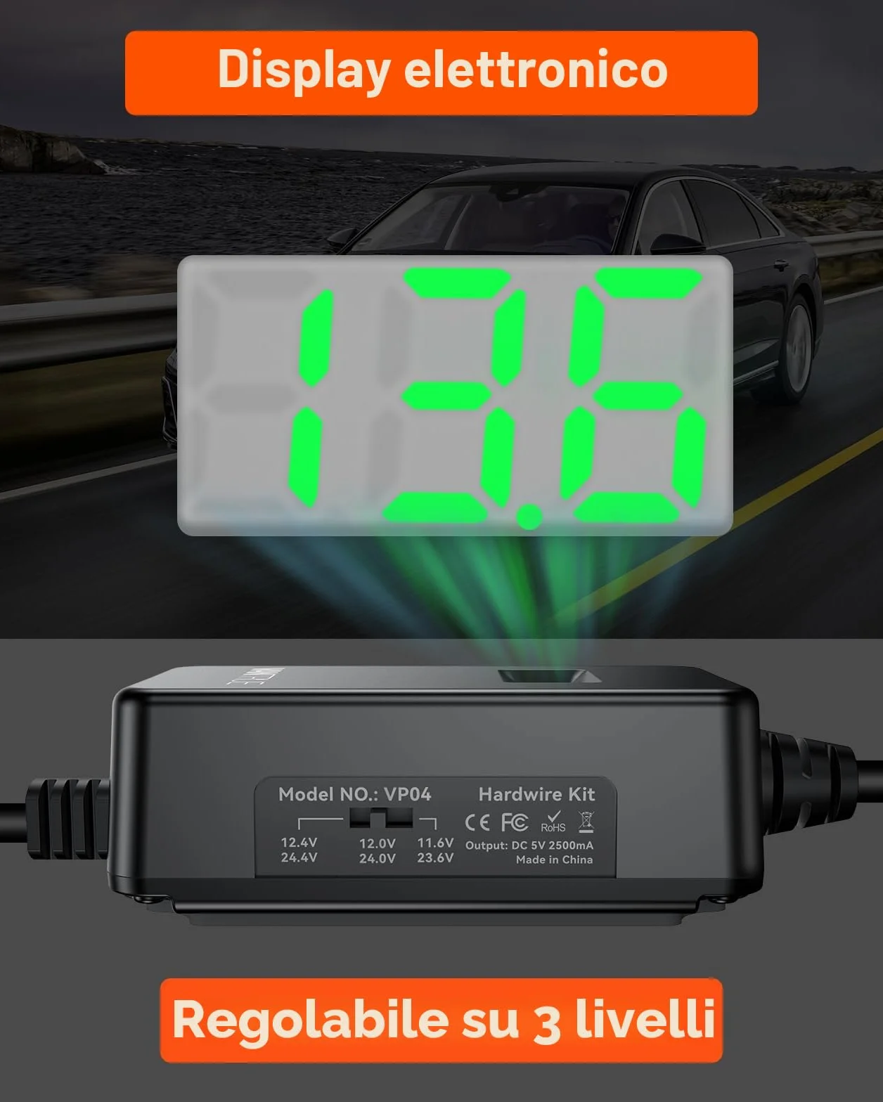 Vantrue VP04 Display USB C OBD 3 livelli protezione bassa tensione 11,6-24,4 V monitoraggio parcheggio 3 m