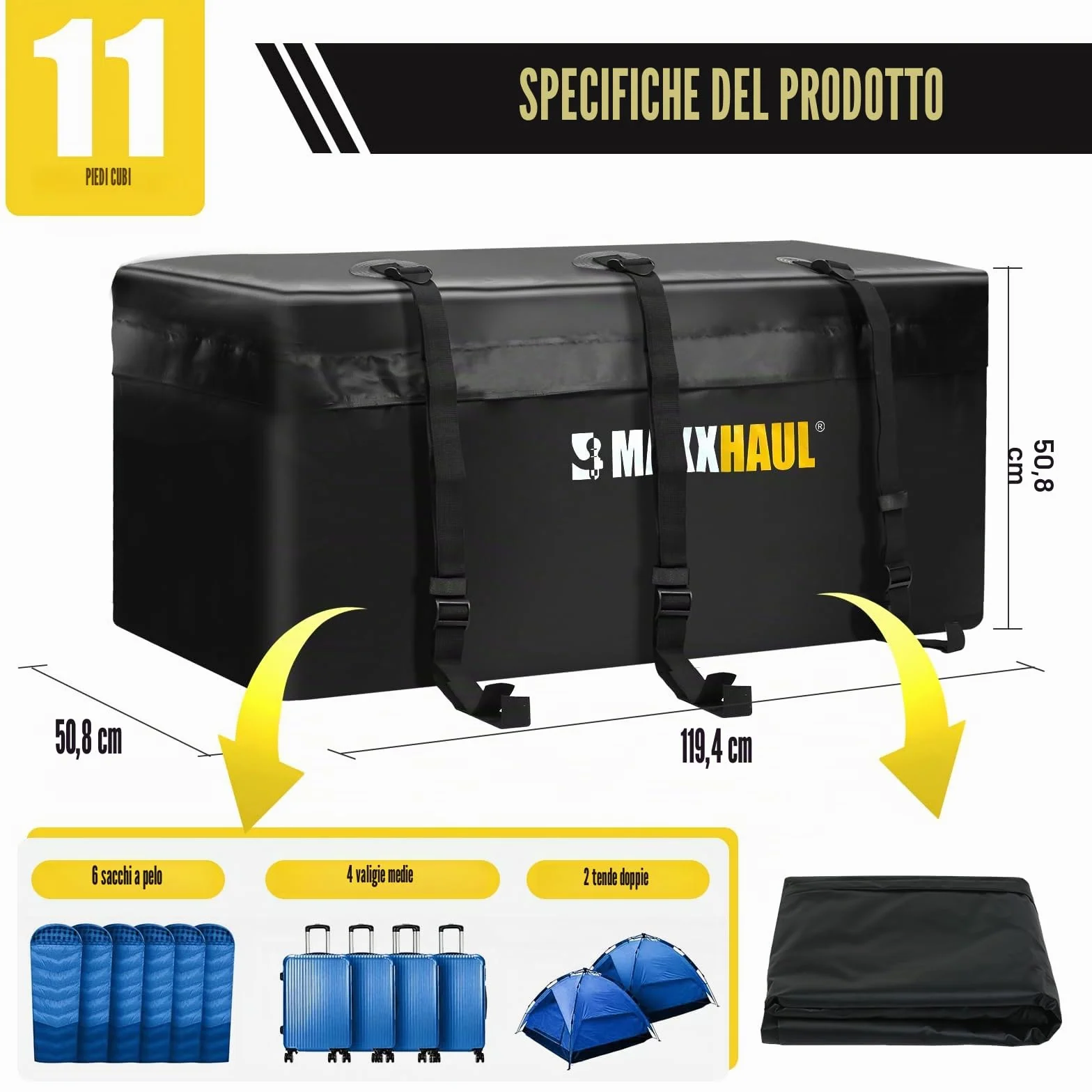 MAXXHAUL Borsa da Trasporto per Portapacchi 119 x 50 x 50 cm Resistente all’Acqua Fissaggio su Gancio Traino Nero
