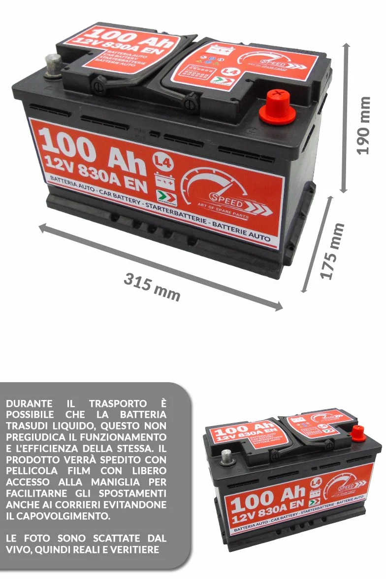 BATTERIA AVVIAMENTO AUTO ORIGINALE SPEED L4 100AH 12V 830A CON POLO POSITIVO A DESTRA