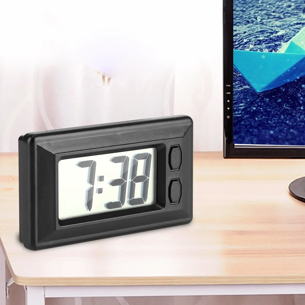 Garosa Orologio Digitale da Auto con Termometro, Display LCD Retroilluminato 46,5x22mm, Nero, ABS, con Supporto Adesivo, Alimentazione a Batteria