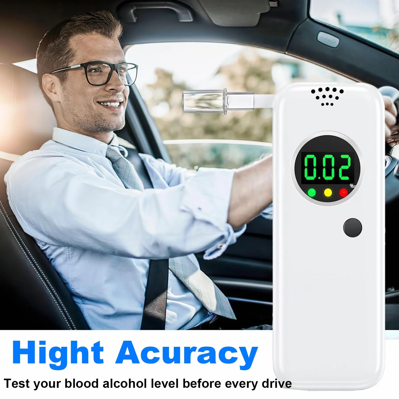 Etilometro Portatile Certificato, Alcol Test con Display LCD a Colori Digitali, Etilometro per Uso Domestico e Professionale, Codice Della Strada, Tester di Alcol con Bocchetti di 10 Pezzi (Bianco)