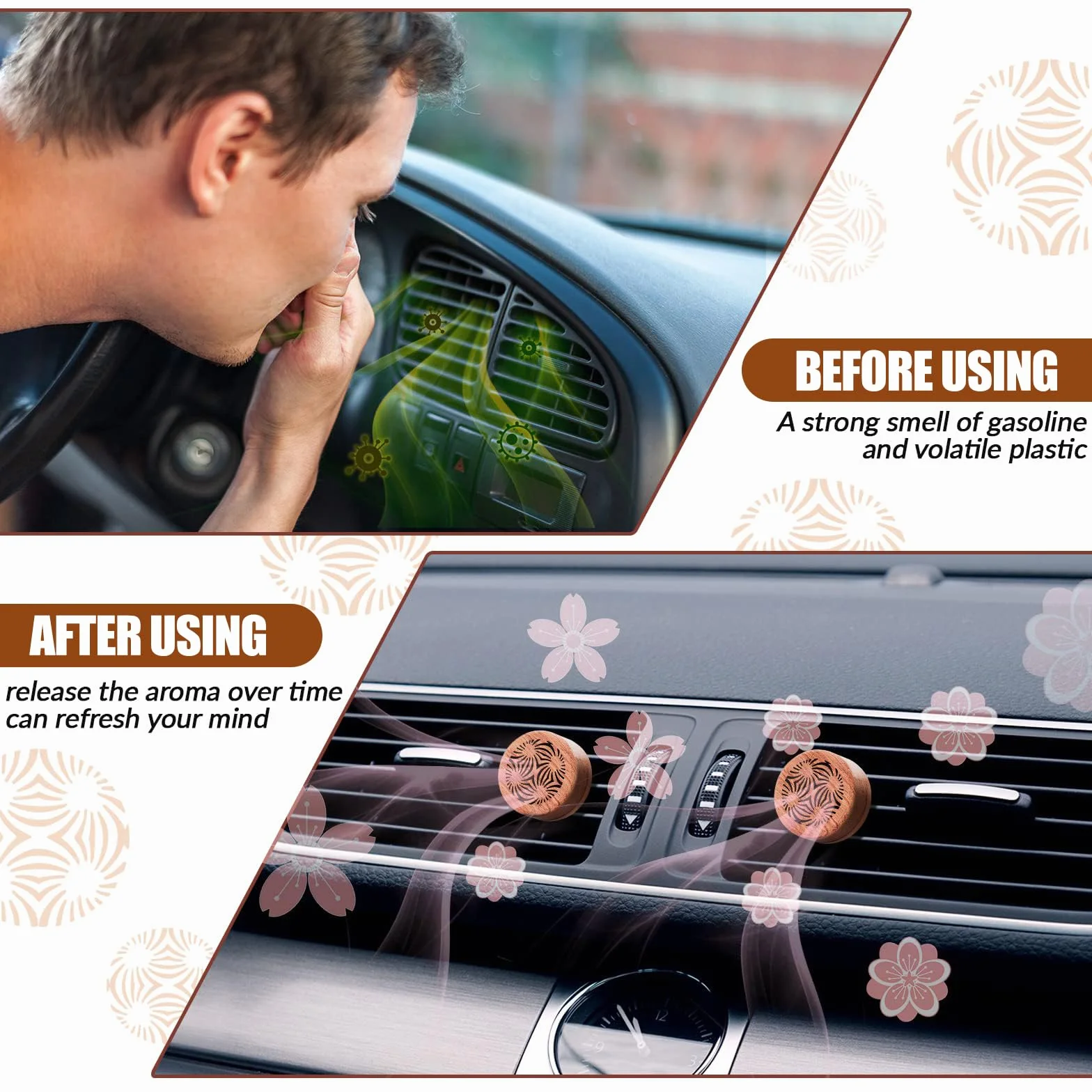Diffusore di Oli Essenziali per Auto 2 Pezzi Diffusori Auto in Legno con Clip di Ventilazione