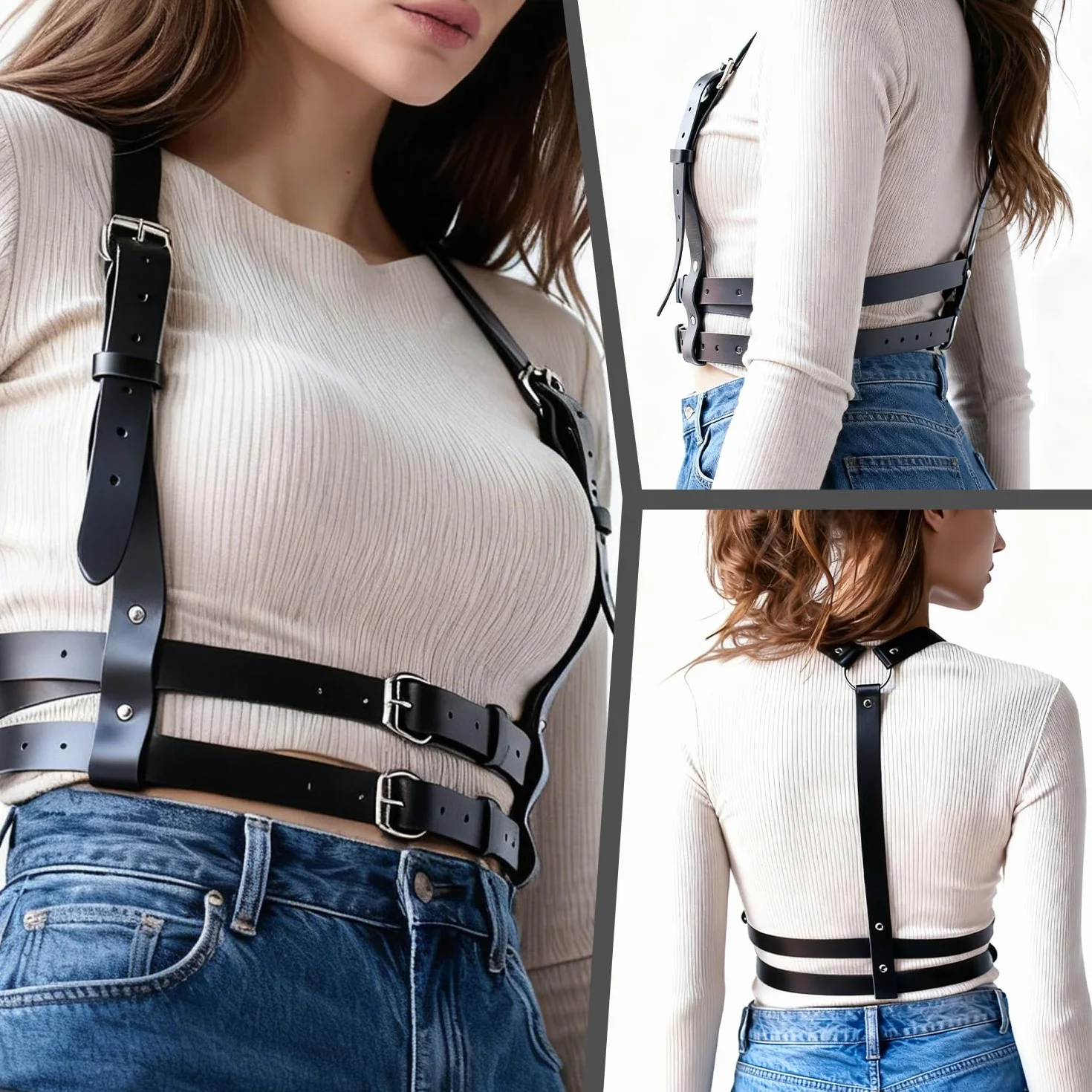 Cintura a catena in pelle punk regolabile per donna torace cosplay sexy