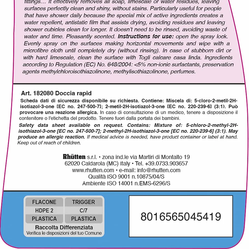 Pulitore per Piastrelle Doccia Rapid Rhutten Casa Linda Idrorepellente 750ml