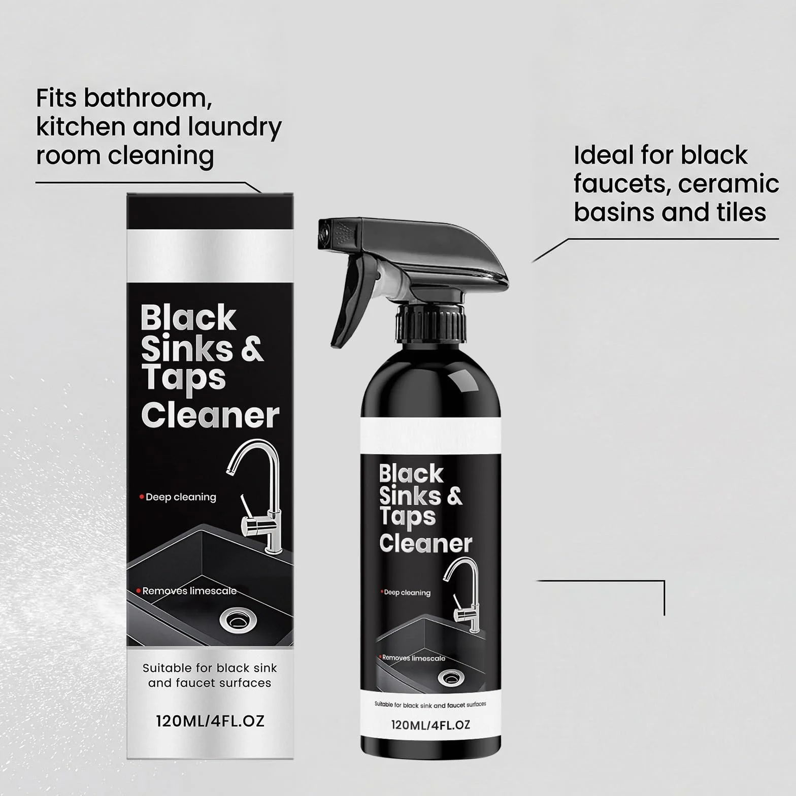 Detergente spray anticalcare per lavello nero e rubinetti neri, potente, per cucina e bagno (1 pezzo)