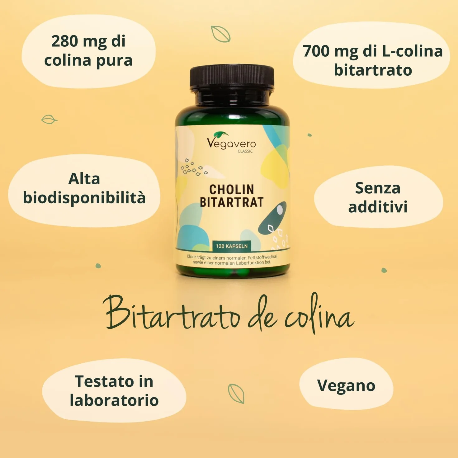 Colina Bitartrato 700mg per Capsula Vegavero® - Alta Funzione Epatica e Cognitiva, Vegan, Senza OGM
