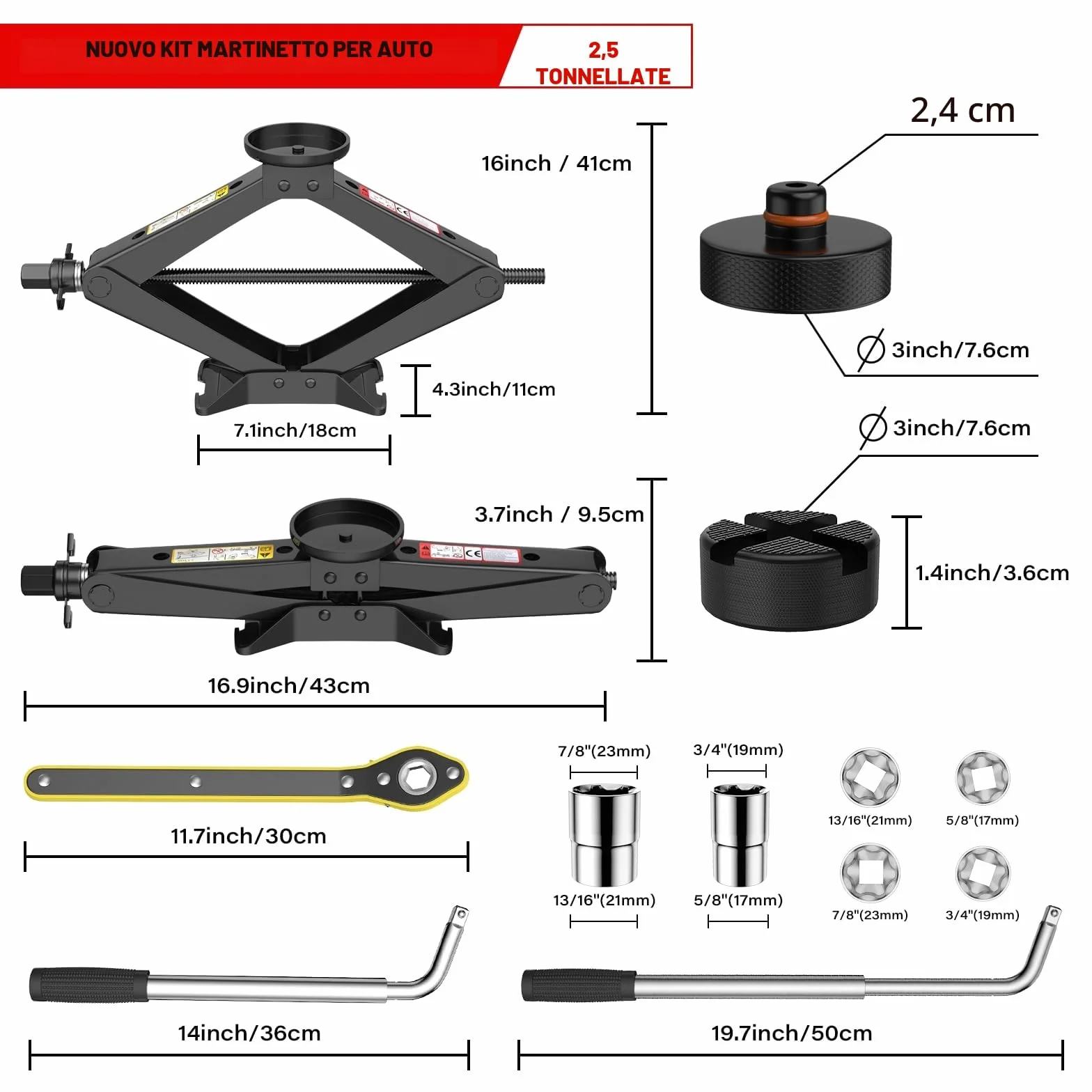 Cric Auto Universale 2.5T/2500kg Tampone Gomma Chiave Dadi Ruota Forbice Kit Emergenza Berline SUV Tesla Model 3/Y/S/X