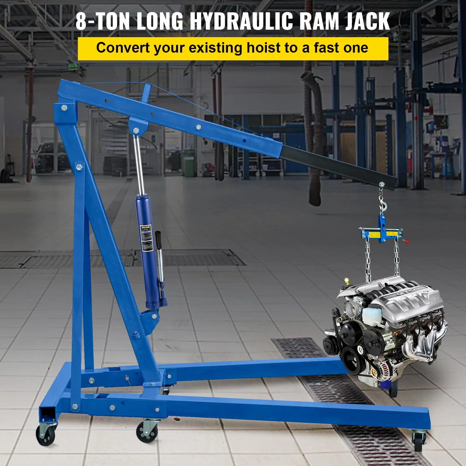 VEVOR Cric idraulico a pistone lungo, capacità 8 tonnellate, con pompa a pistone singolo e base a forcella, per gru da garage/negozio, paranco di sollevamento motore, blu