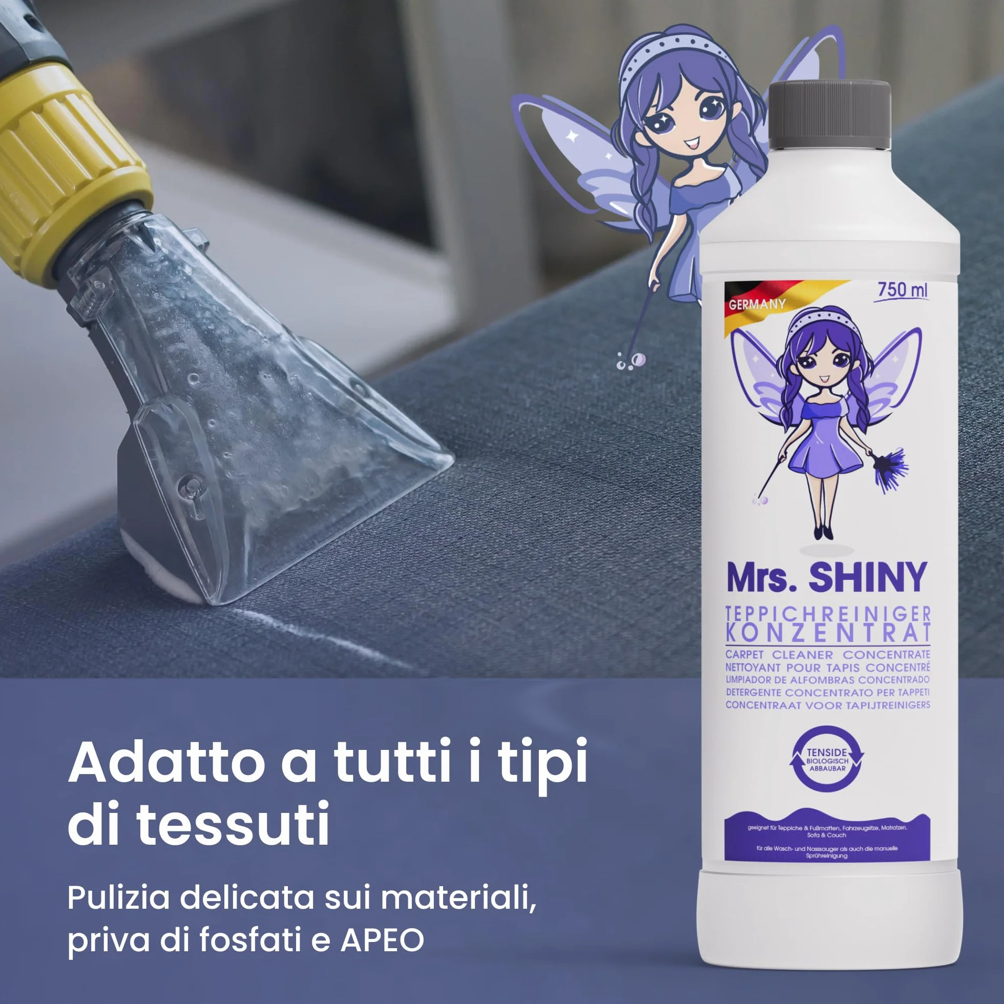 MRS. SHINY® Detergente Concentrato per Tappeti 750ML - Detersivo Lavatappeti - Senza APEO e Fosfati