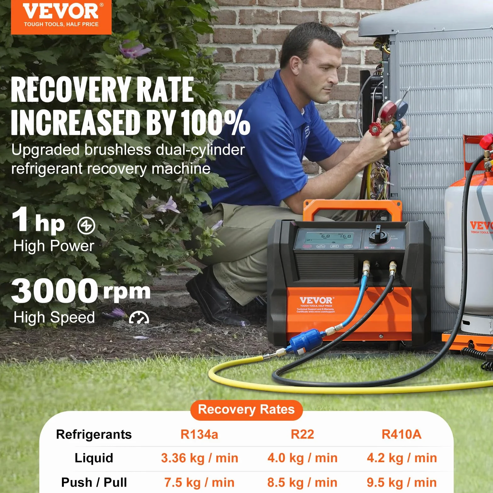 VEVOR Macchina Recupero Refrigerante AC Portatile 1 HP Motore Brushless 3000 Giri/min Strumento Riciclaggio Freon HVAC