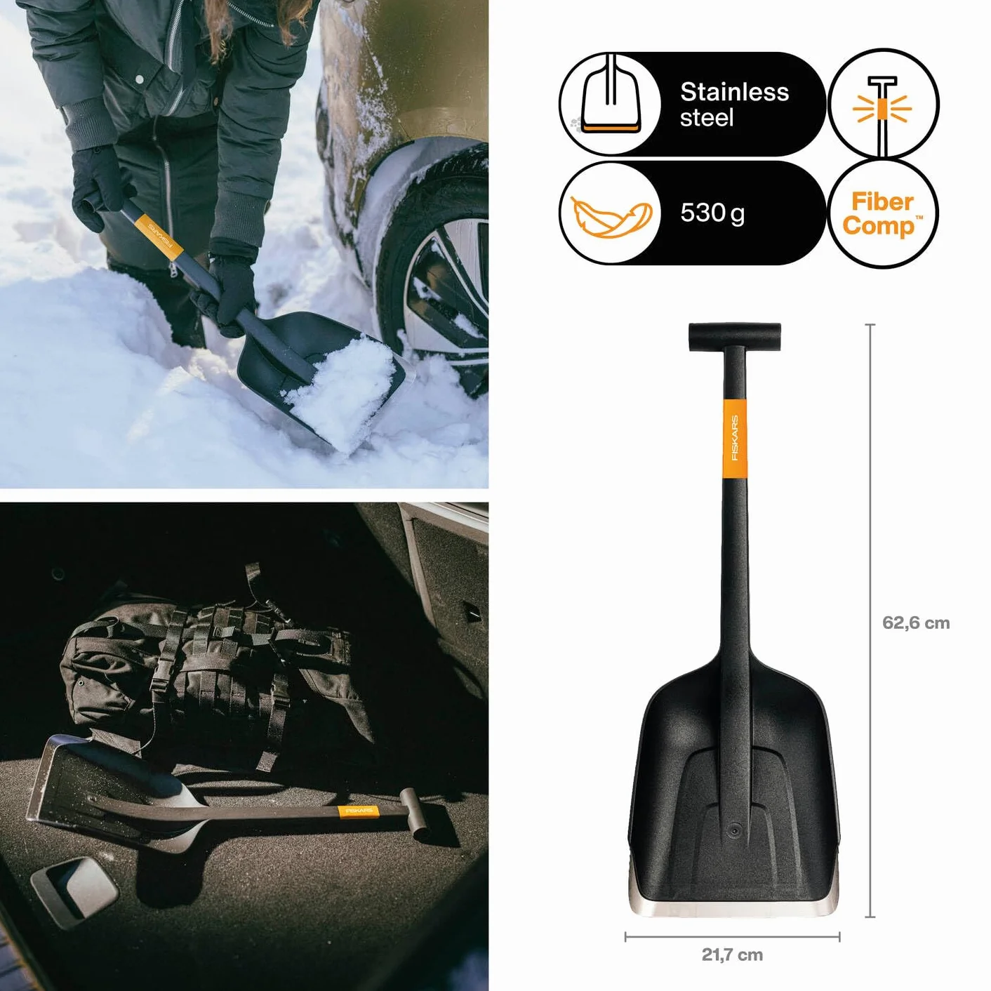 Fiskars Pala da Neve 63 cm Accessorio per Automobile Impugnatura a T Bordo in Acciaio Inox