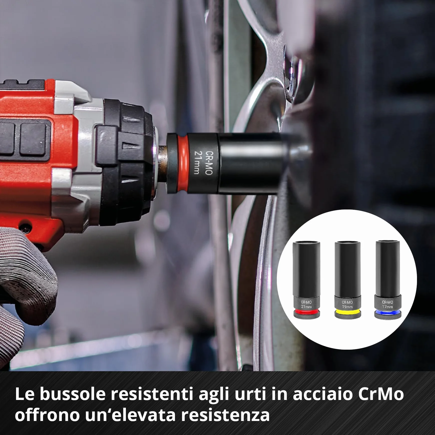 Original Einhell set impact auto 5 pezzi protezione cerchio CrMo 17/19/21 mm 80 mm 1/2"