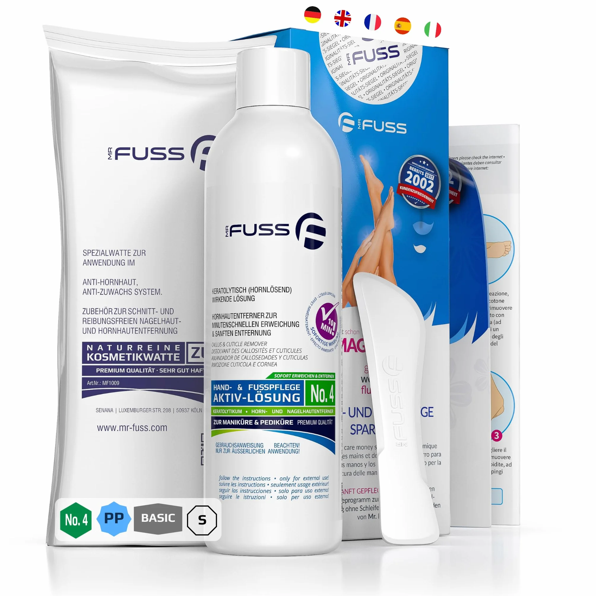 Mr. Fuss Soluzione Cheratolitica Intensiva per Rimozione Calli - Lozione Ammorbidente Rapida 250ml No. 4 Plus Pack Set Pedicure