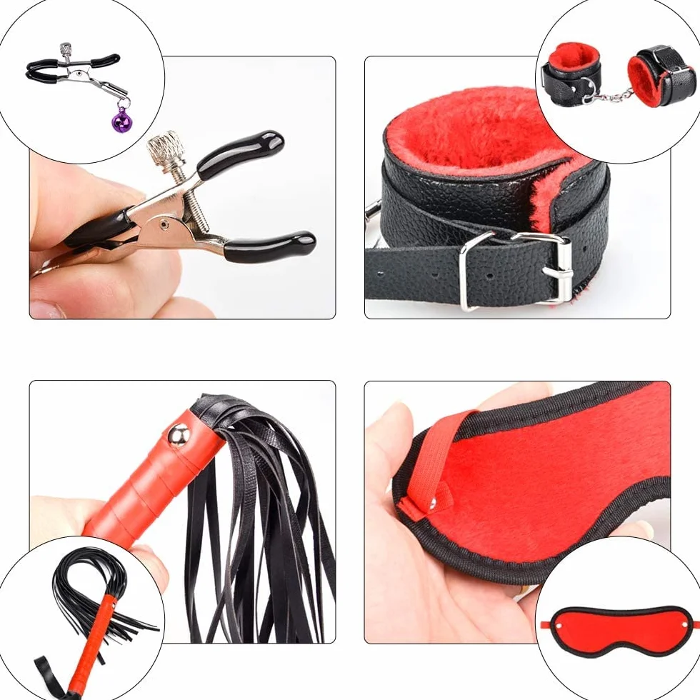 Qoosea 13 Pezzi Set Bondage Sex Toys SM Sex Restraint in Pelle con Manette Caviglia Morsetti Rosso Nero