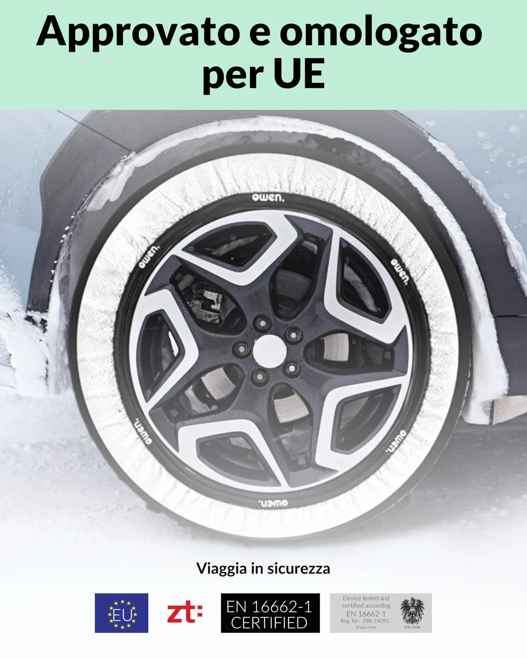 OWEN calze da neve XS-XXL | Certificato EN 16662-1 | Omologate Italia | Protezione cerchioni | Tessuto 3D antiscivolo | Compatibile ABS/ESP | Polipropilene resistente | Set 2 pezzi | Facili da montare