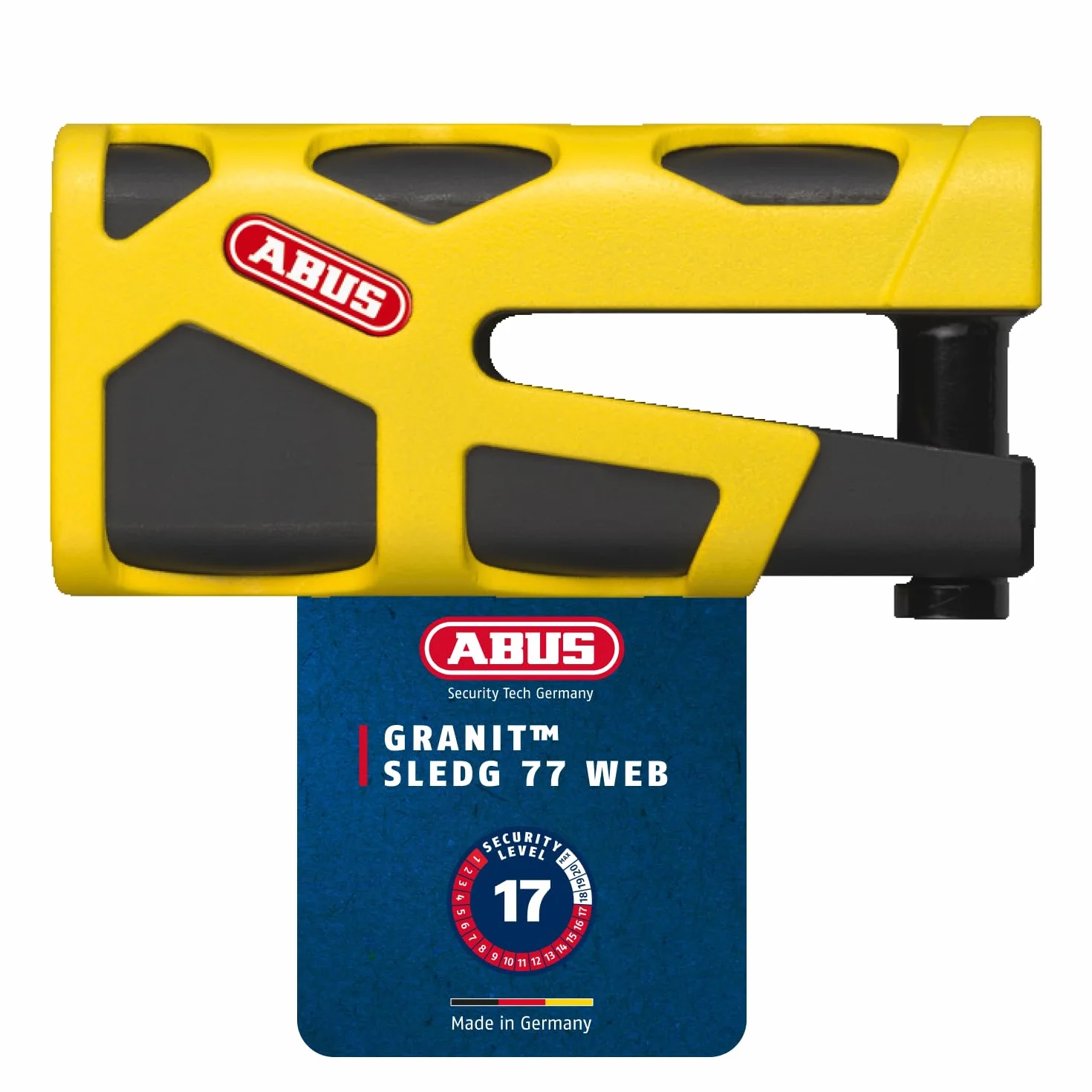 ABUS Granit Sledg 77 giallo - Serratura per moto con cilindro XPlus sicuro e cavo di richiamo - Livello di sicurezza 17 - Giallo