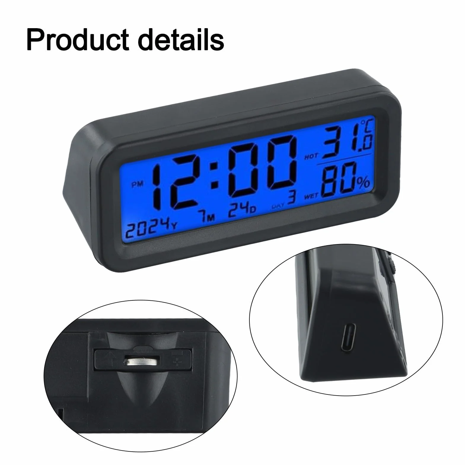 Orologio digitale, ABS solare per mini orologio digitale LCD impermeabile antiurto con ora/data/settimana/temperatura per auto/moto/bicicletta 8 x 3 x 3,5 cm
