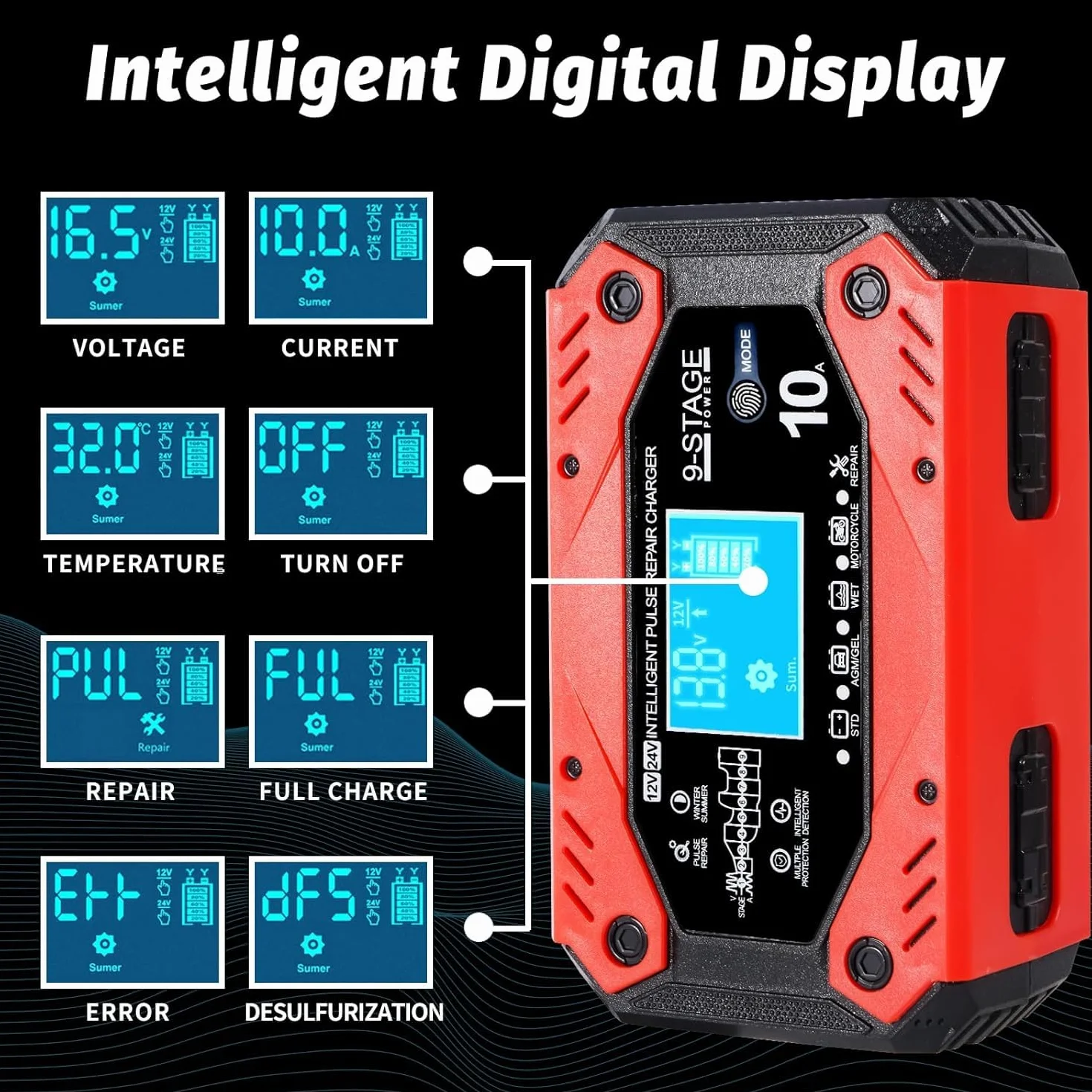 10A Carica Batteria per Auto, 12V 10A/24V 5A Multi Protezioni Caricabatterie Mantenitore di Carica Auto Moto con Schermo LCD Touch Caricatore Batterie per Moto,Barche, Auto, Batteria AGM