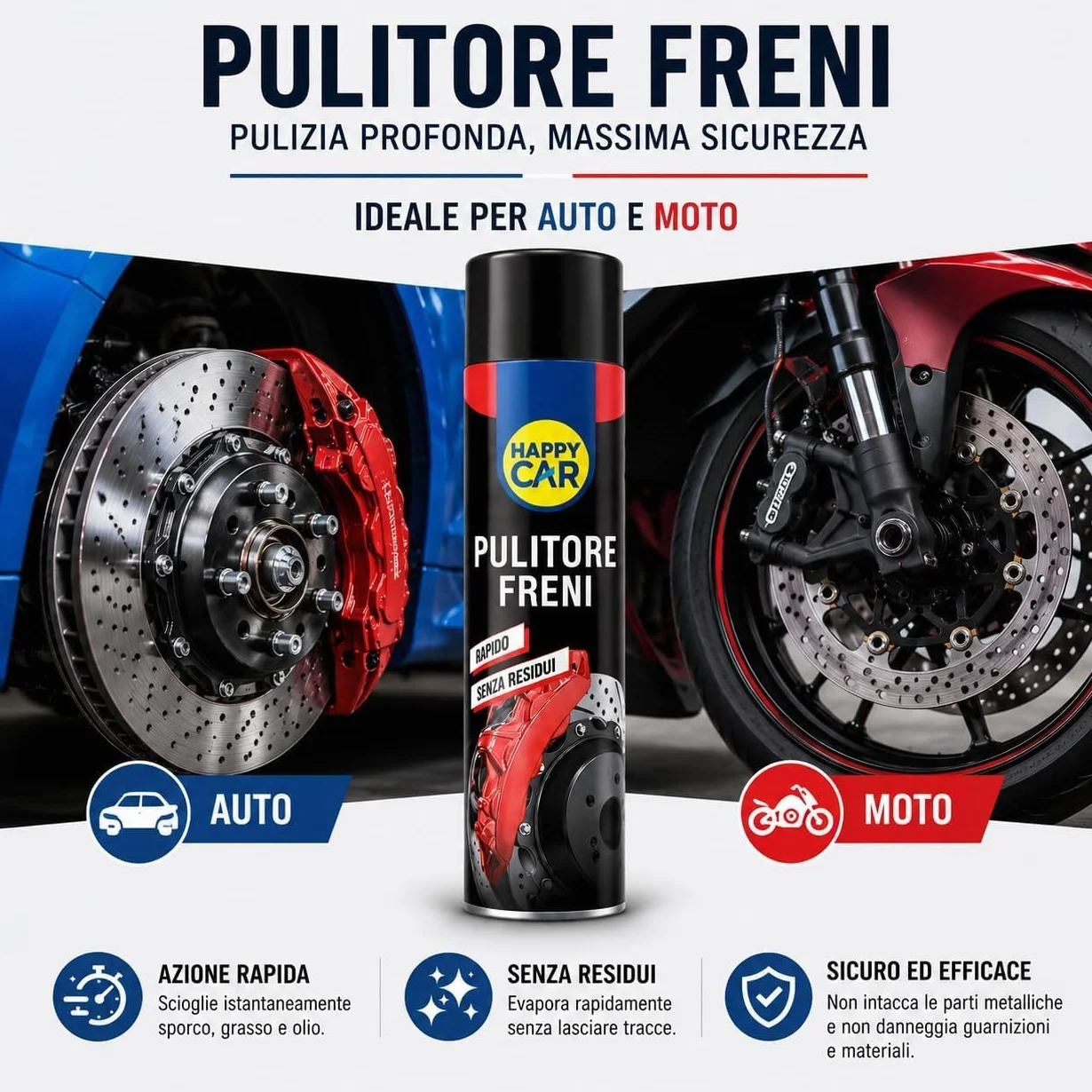 HappyCar Pulitore Freni Spray per Pulizia Auto e Moto 600ml - Detergente Professionale per Dischi, Tamburi e Pinze - Rimuove Grasso, Olio e Polvere - Made in Italy (3 unità)