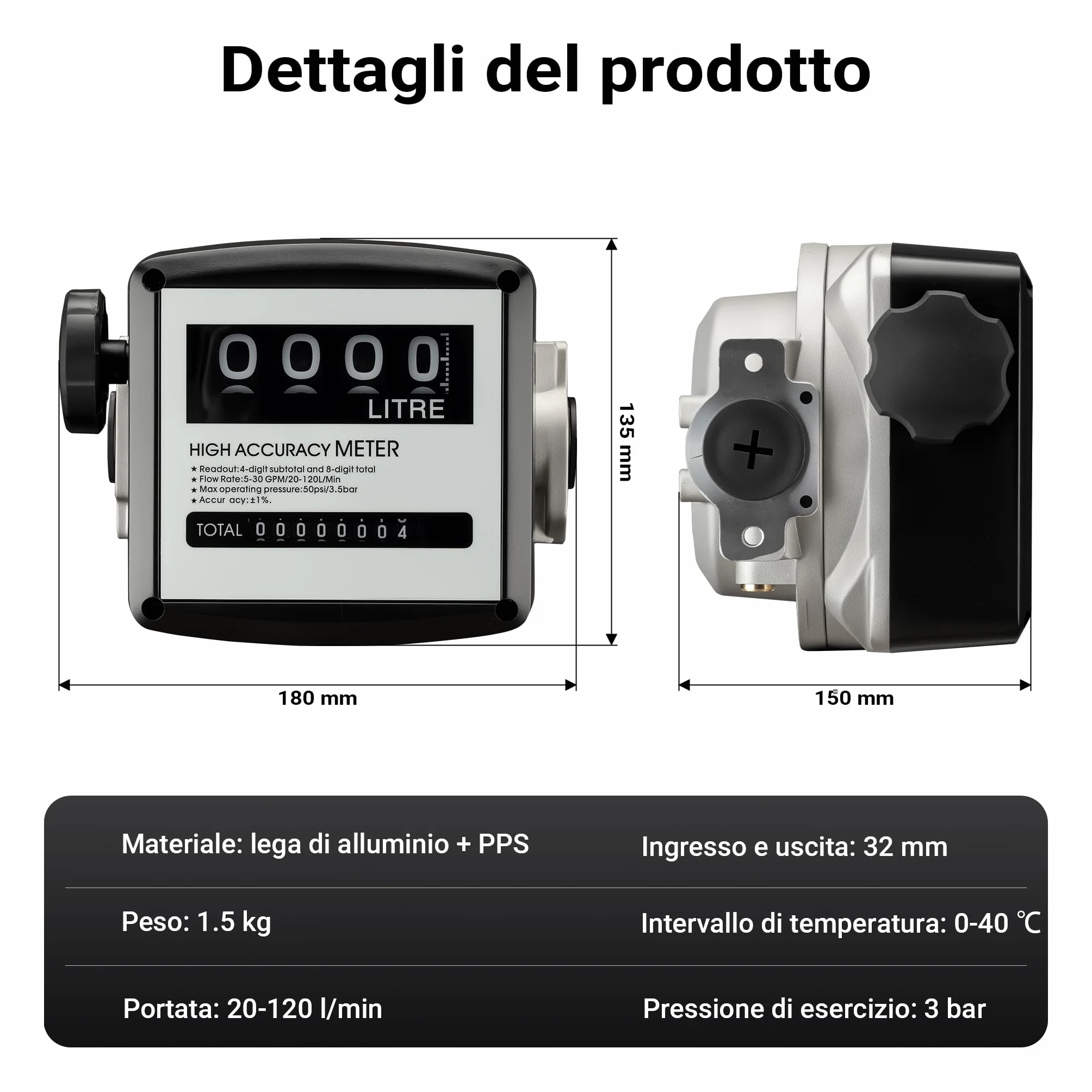 Contatore per pompa gasolio diesel 3,5 bar 20-120 l/min 25,4 mm indicatore flusso