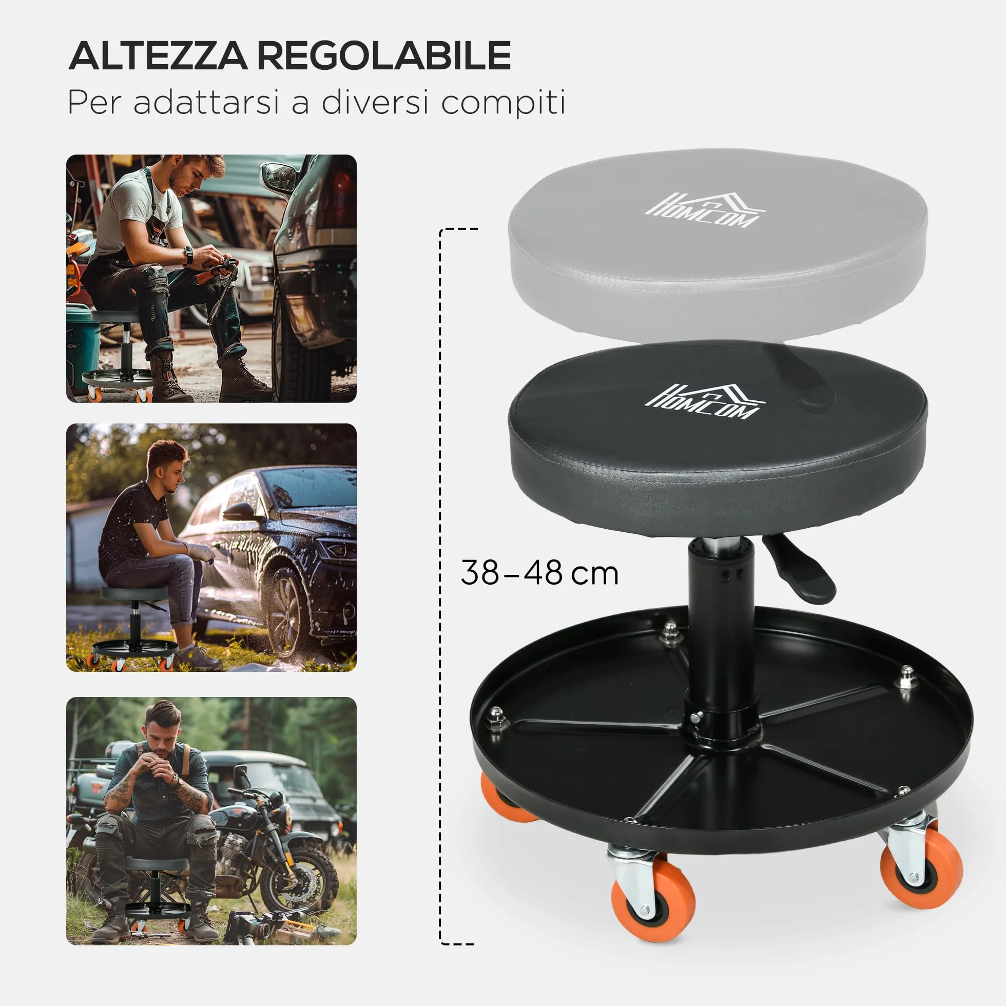 HOMCOM Sgabello da Officina con Ruote e Porta Attrezzi, Altezza Regolabile Girevole 360°, Ø40x38-48cm, Nero
