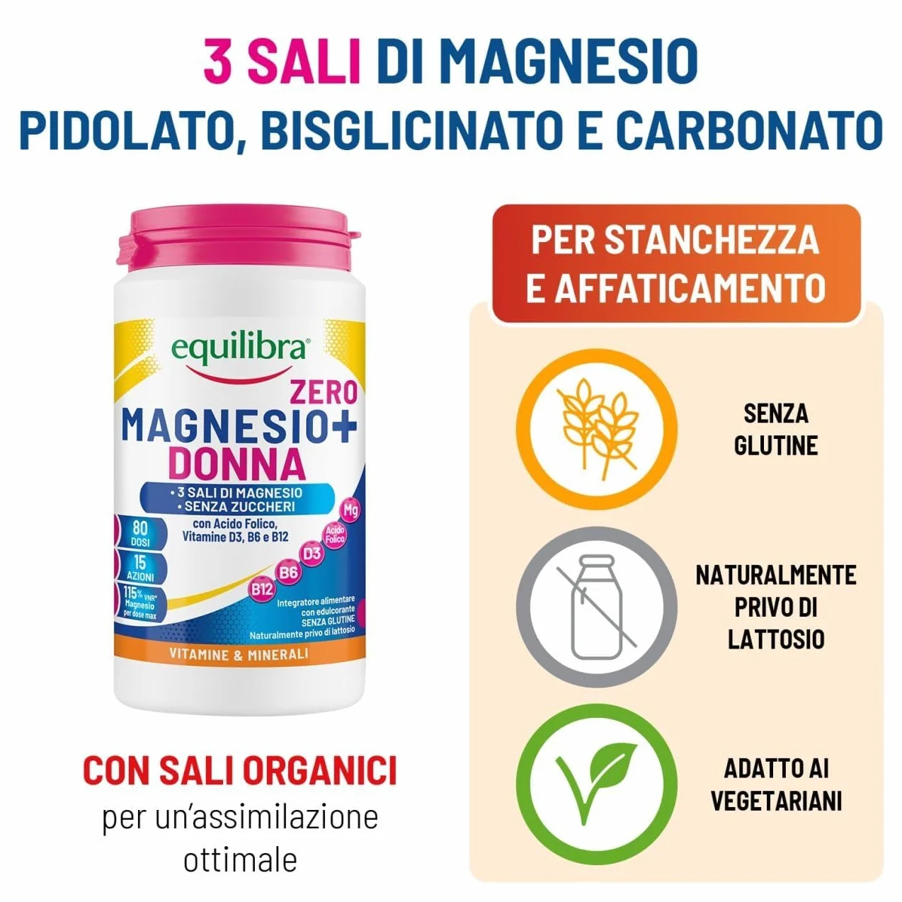 Equilibra Magnesio Donna Zero Zuccheri 200g Polvere 3 Sali di Magnesio Bisglicinato Pidolato Carbonato Acido Folico Vitamina D3 B6 B12 Solubilità Istantanea Sapore Agrumato