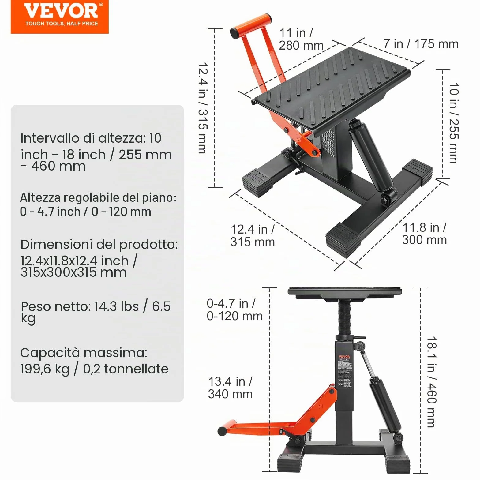 VEVOR Ponte Sollevatore Idraulico per Moto Bici Capacità 200kg Altezza Regolabile 255-460mm