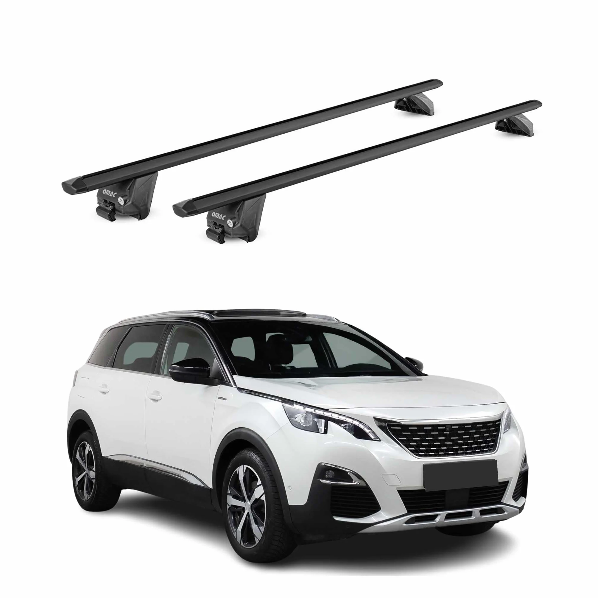 OMAC Barre Portatutto Alluminio TÜV geprüft per Peugeot 5008 II 2017-2024 – per Rail Tetto Integrati – T Nut – Max 100 kg – 2 Schlösser Nero
