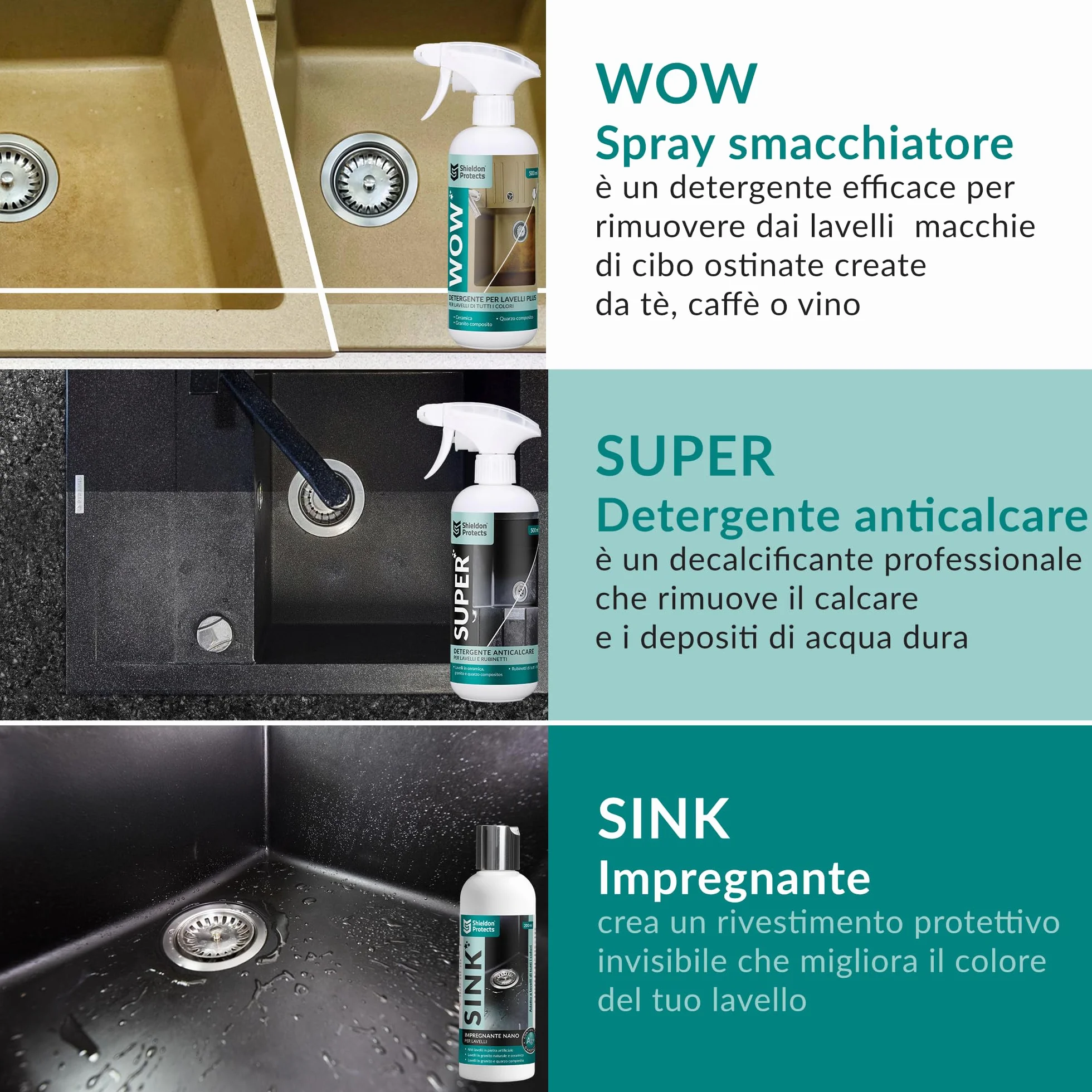 Shieldon Protects Kit rinnovamento lavelli: detergente anticalcare, spray smacchiatore, impregnante nano - per granito, quarzo, porcellana, ceramica