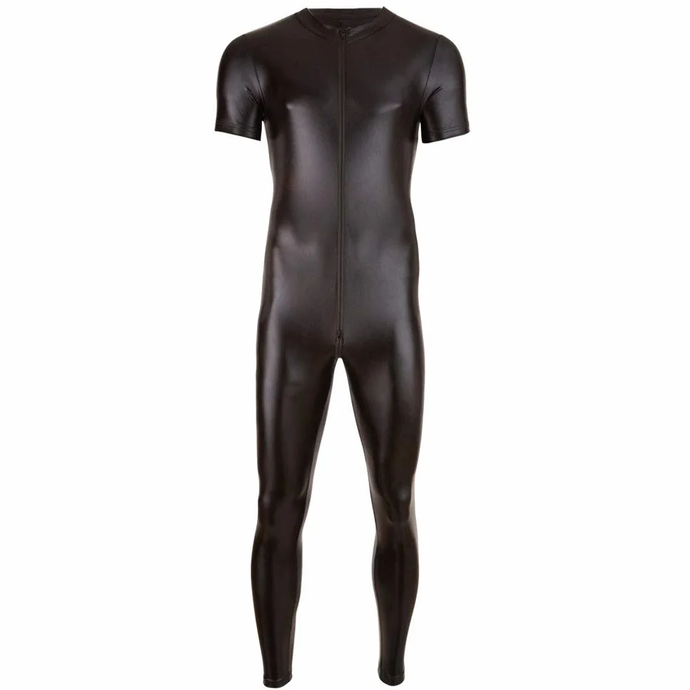 Lattice Catsuit Uomo Tuta in Stile Bagnato Slim Fit Lucido Sexy Pelle Abbigliamento Muscolare Clubwear