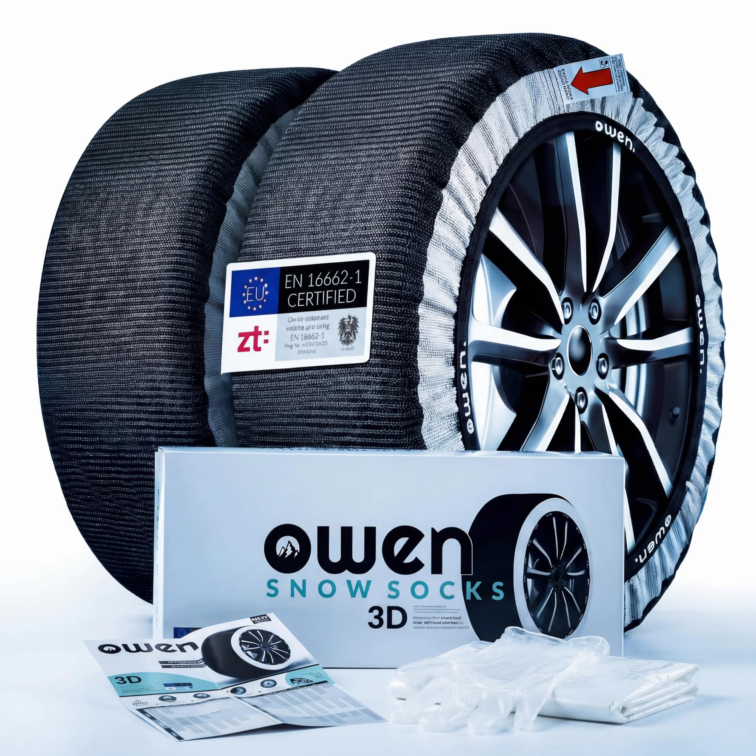 OWEN calze da neve XS-XXL | Certificato EN 16662-1 | Omologate Italia | Protezione cerchioni | Tessuto 3D antiscivolo | Compatibile ABS/ESP | Polipropilene resistente | Set 2 pezzi | Facili da montare