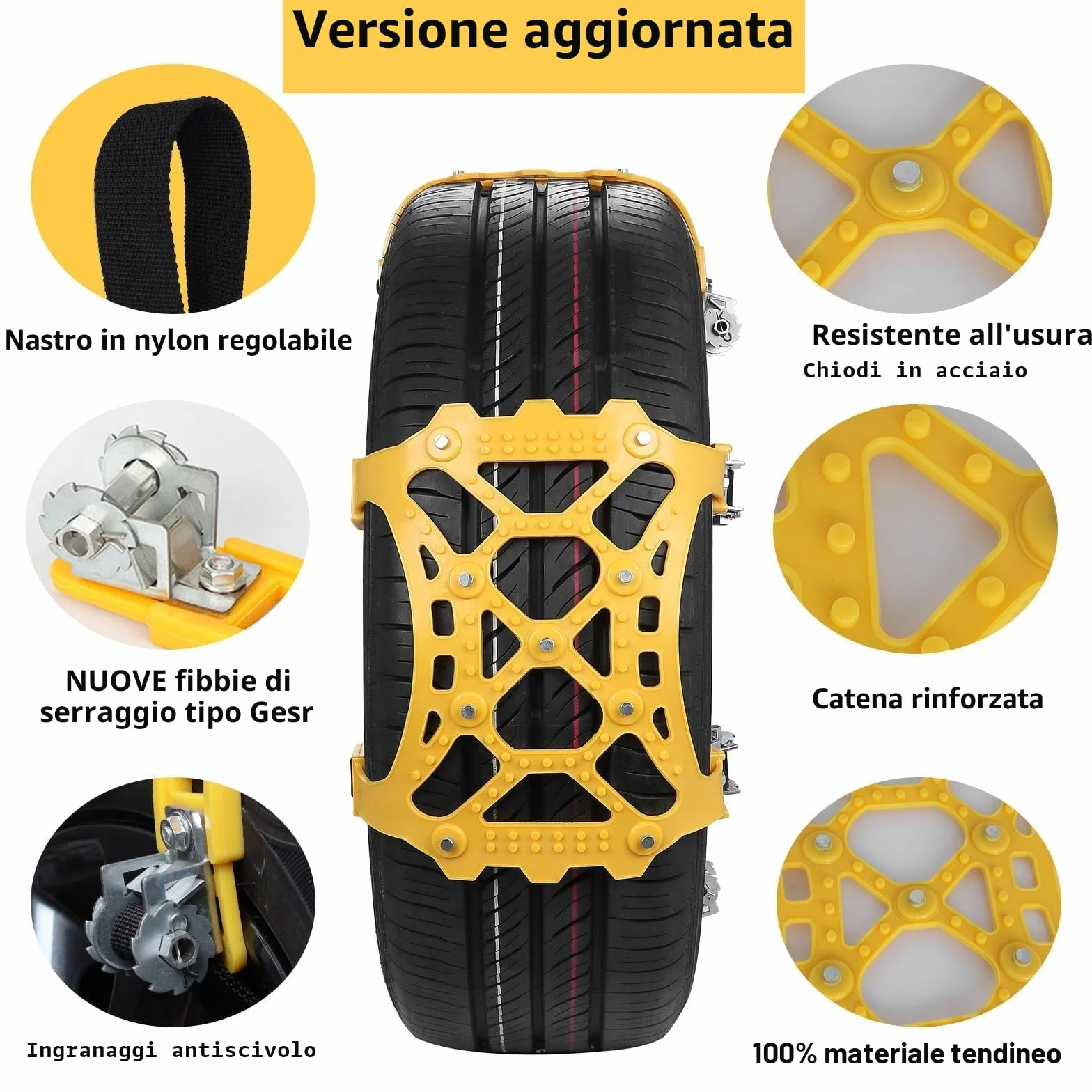 Catene Da Neve Universali Per Auto, 6 Pezzi Antiscivolo Per Pneumatici Da 165-265 mm, Adatte A SUV E Auto, Facili Da Montare Per Neve, Ghiaccio E Fango Invernale (Giallo)
