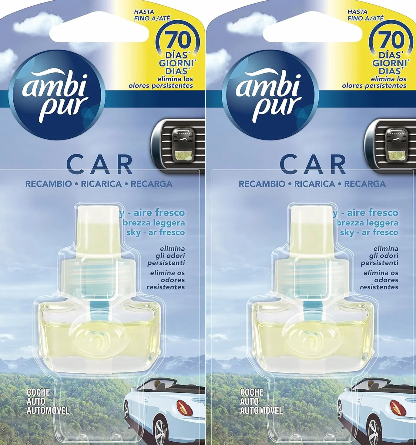 Ambi Pur Brezza Leggera Deodorante Auto Ricarica 70 Giorni 2 Sztuki Aria Fresca