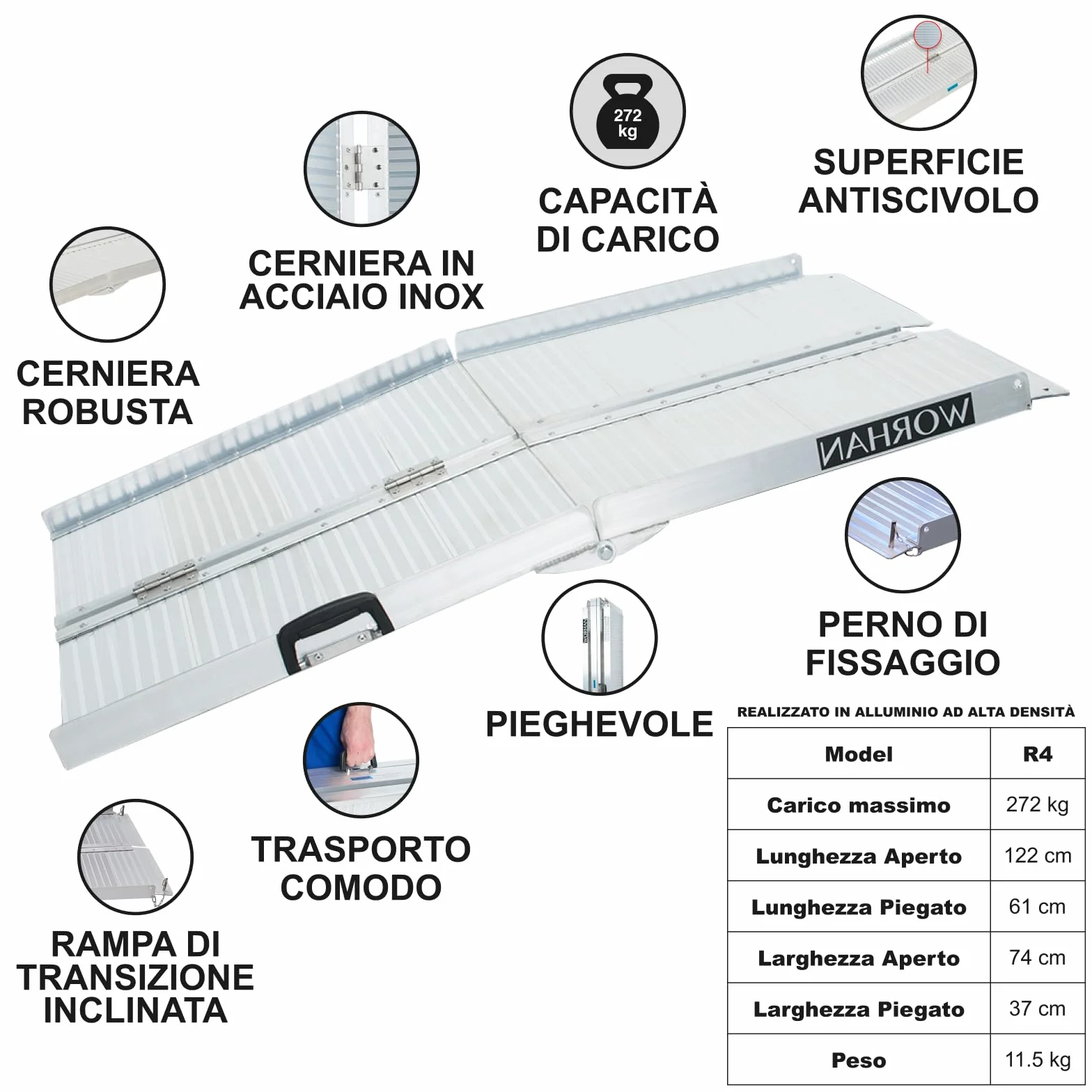 RAMPA DI CARICO A VALIGIA IN ALLUMINIO max 272 KG PER SEDIA A ROTELLE GRANDE SELEZIONE (122cm) R4
