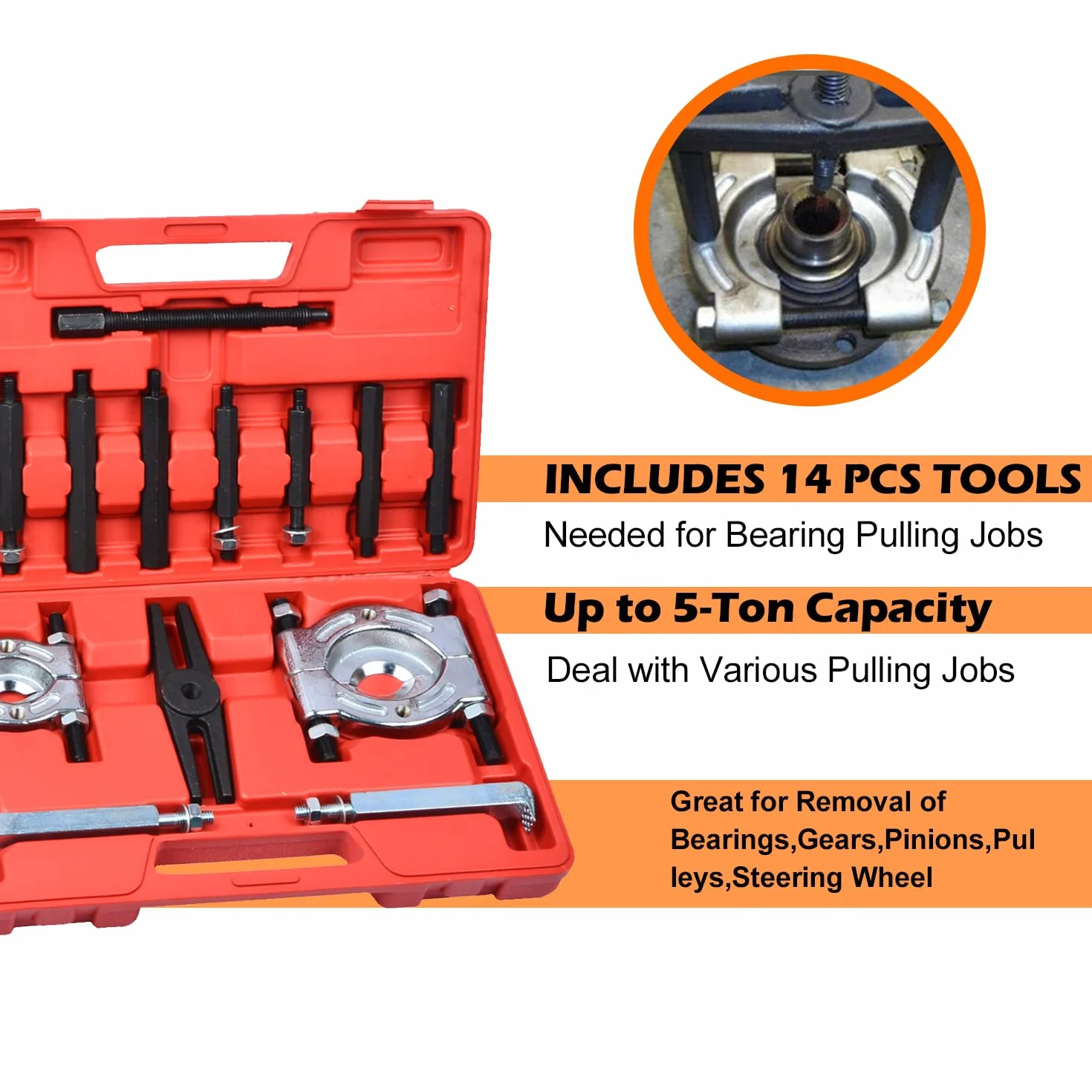 Set di attrezzi per estrattori di cuscinetti 14 Pezzi, separatore 5 tonnellate, kit rimozione cuscinetto ruota pignone con ganasce 2" e 3"