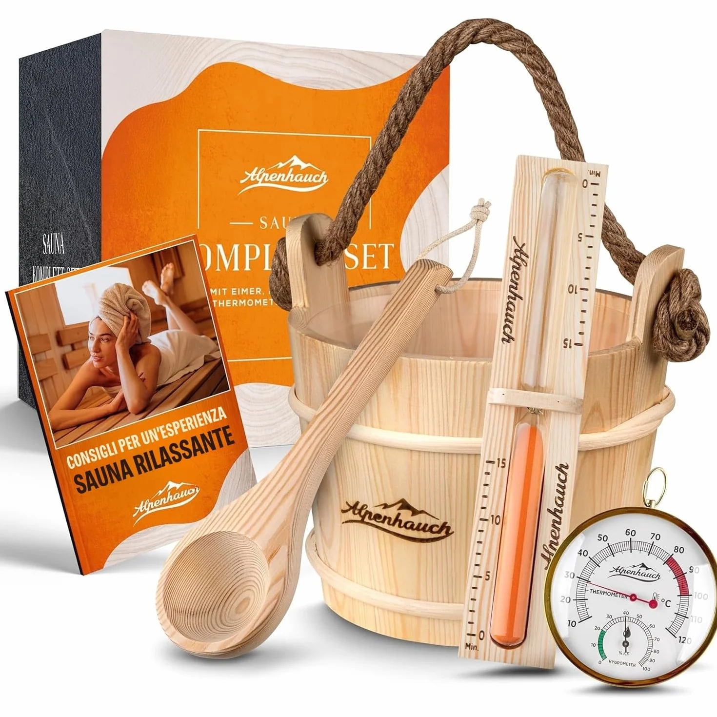 ALPENHAUCH Secchio per sauna con cucchiaio in legno naturale - Set accessori sauna con clessidra e termometro
