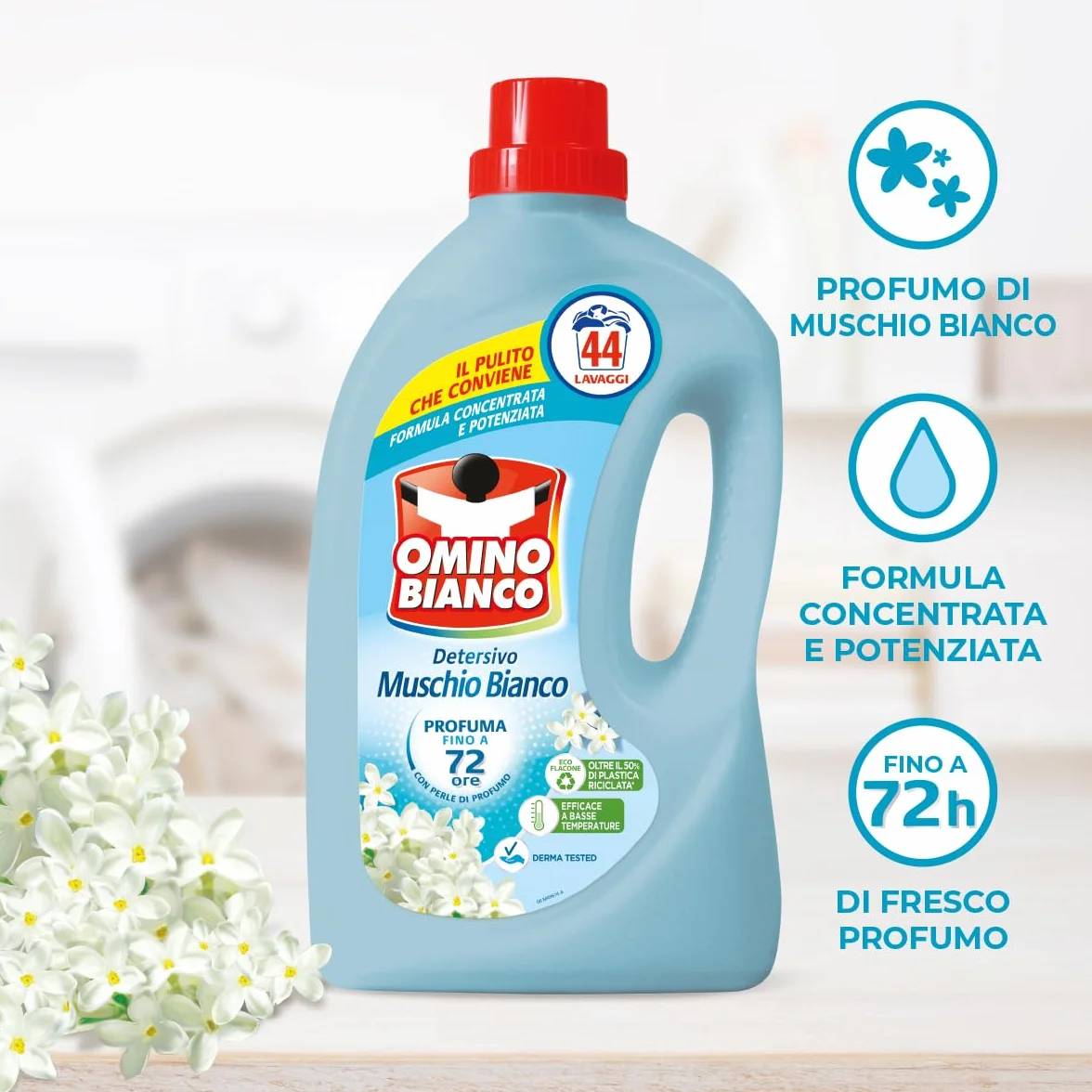 Omino Bianco Detersivo Lavatrice Liquido 132 Lavaggi 1760 ml x 3 Confezioni Fresco Profumo Muschio Bianco