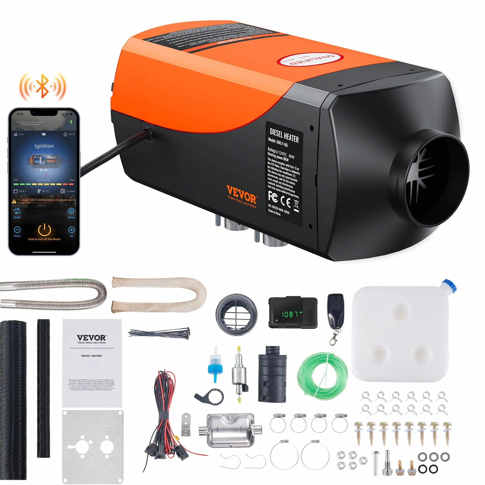 VEVOR Riscaldatore d'Aria Diesel 12V 5-8KW Bluetooth Regolabile 8℃-36℃ per Auto Camper Camion RV