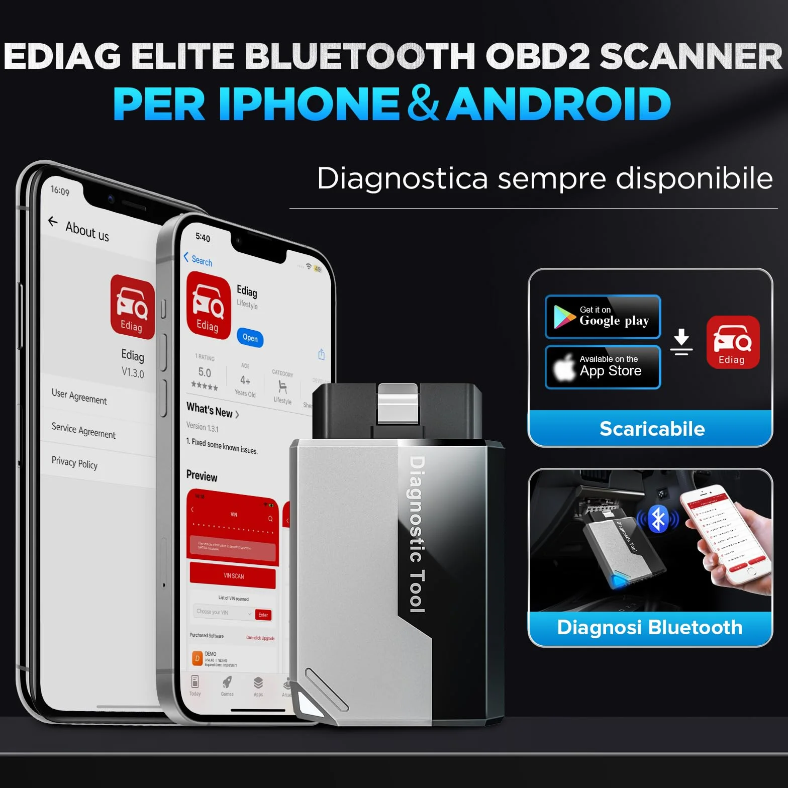 KINGBOLEN EDIAG Elite OBD2 Diagnostica Auto Bluetooth Professionale Italiano iOS Android 15+ Servizi Reset Test Attivo