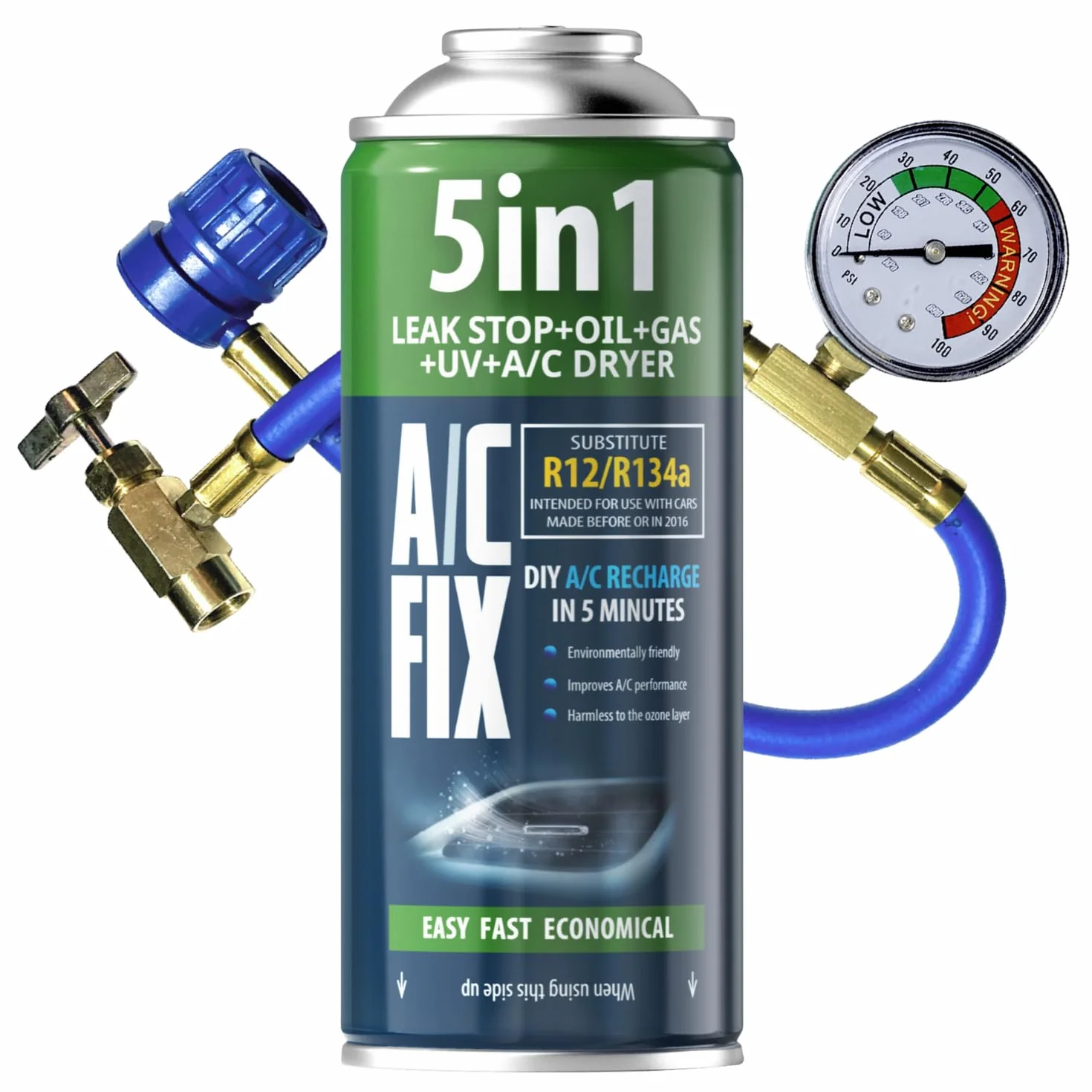 AC FIX 5-in-1 – R134a + Tubo flessibile, 235 g Refrigerante per climatizzatori auto con olio, sigillante, colorante UV, essiccante – Protegge il compressore