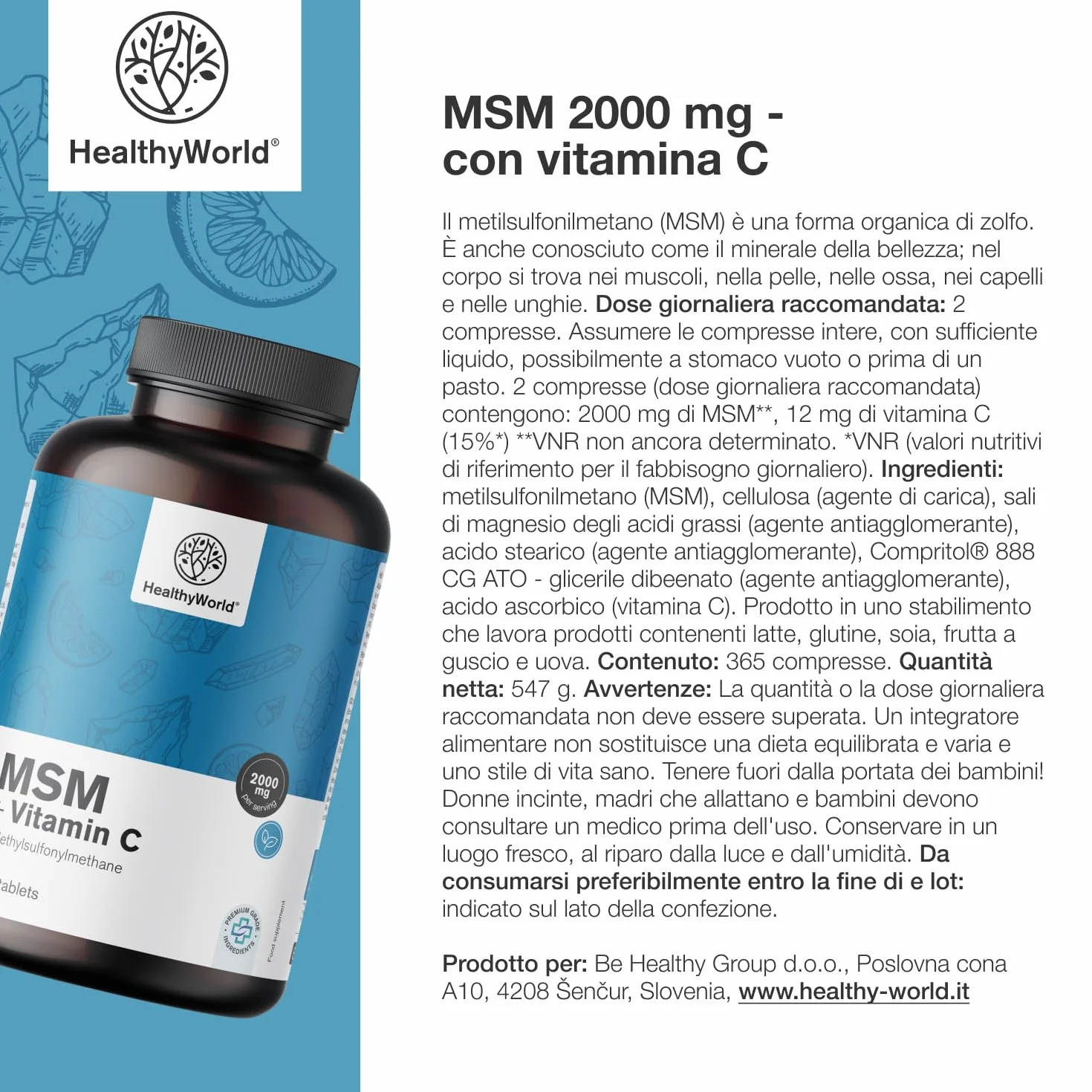 HealthyWorld MSM 2000 mg con Vitamina C 365 Compresse Alta Concentrazione Vegetariano