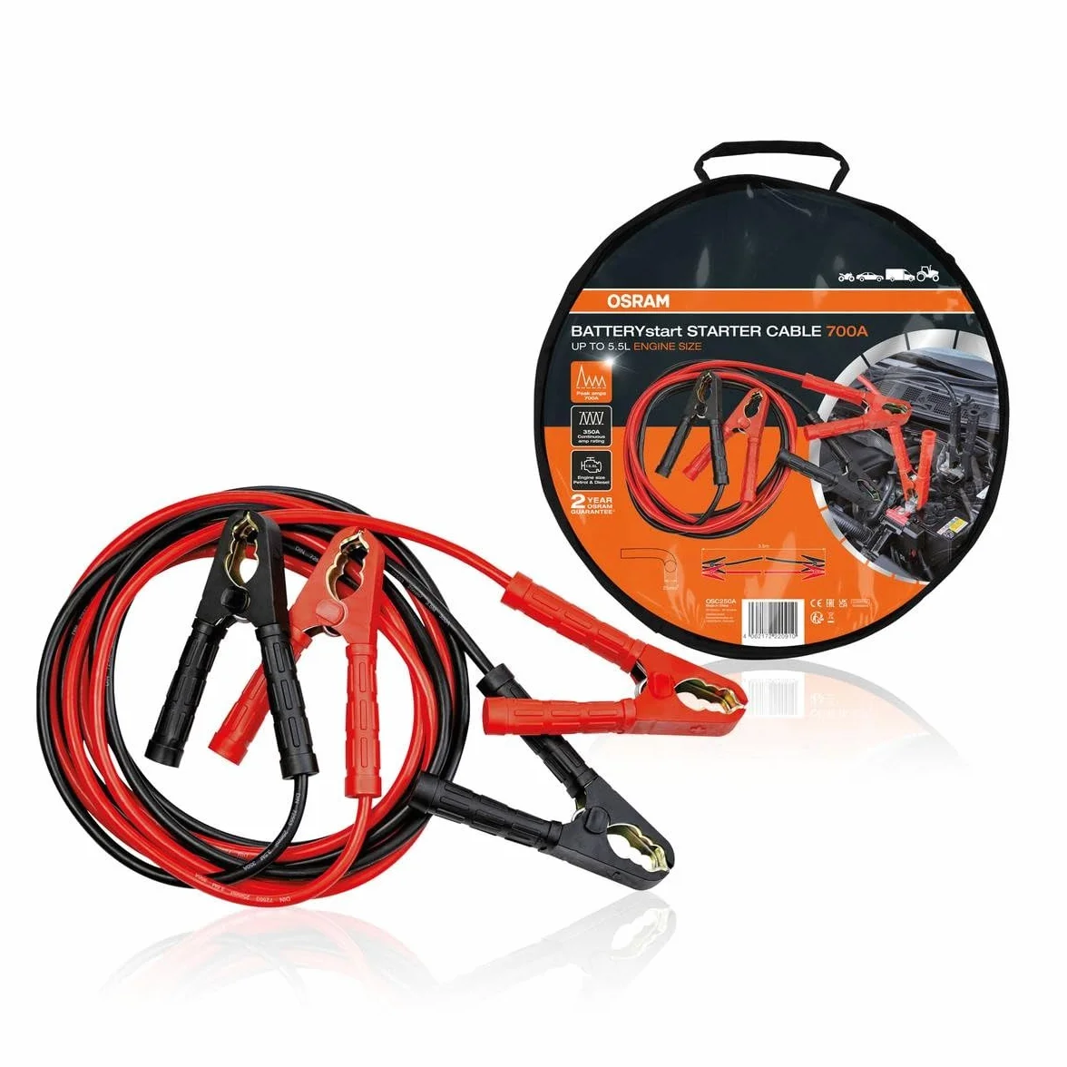 OSRAM Starter Cable 700A, Cavi di avviamento per Motori a Benzina e Diesel, 12/24V, OSC250A, Cavo di Collegamento per Motori ≤5,5L, Cavo di Alluminio Rivestito in Rame, 3,5m