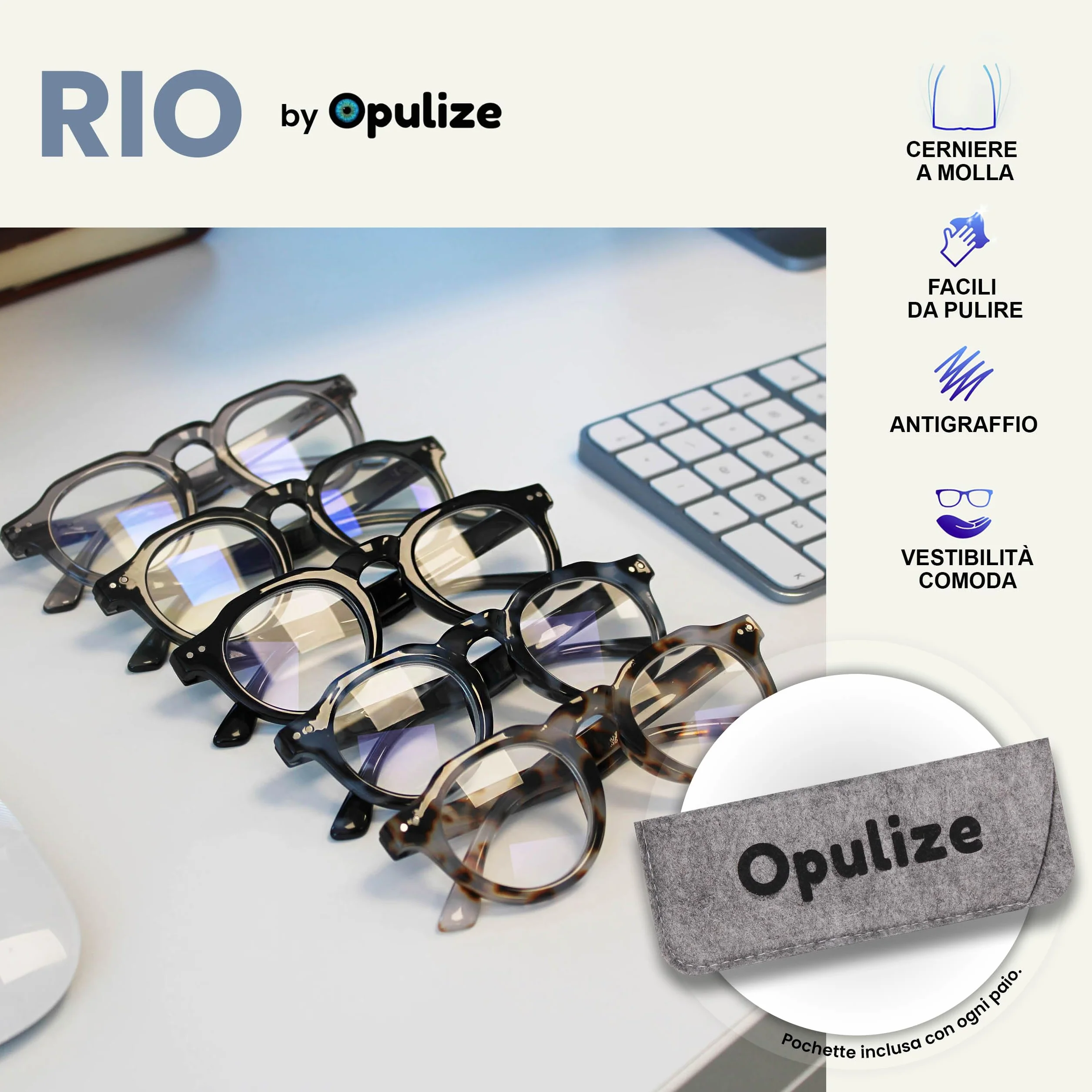 OPULIZE RIO Occhiali da Lettura Anti Luce Blu - Nero - Cerniere a Molla - +1.00